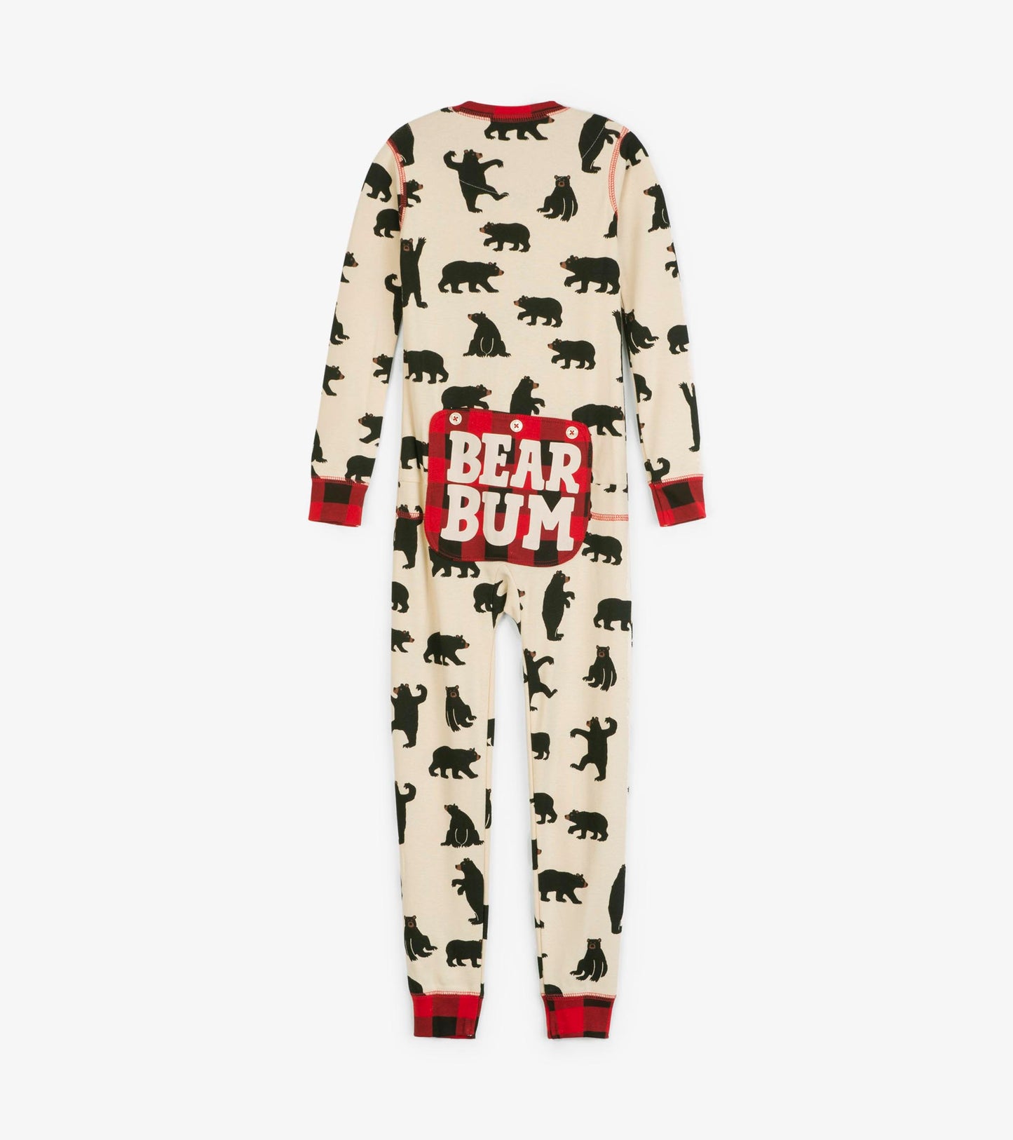 Cream onesie with black bear print and red plaid accents, featuring a "BEAR BUM" design on the back.