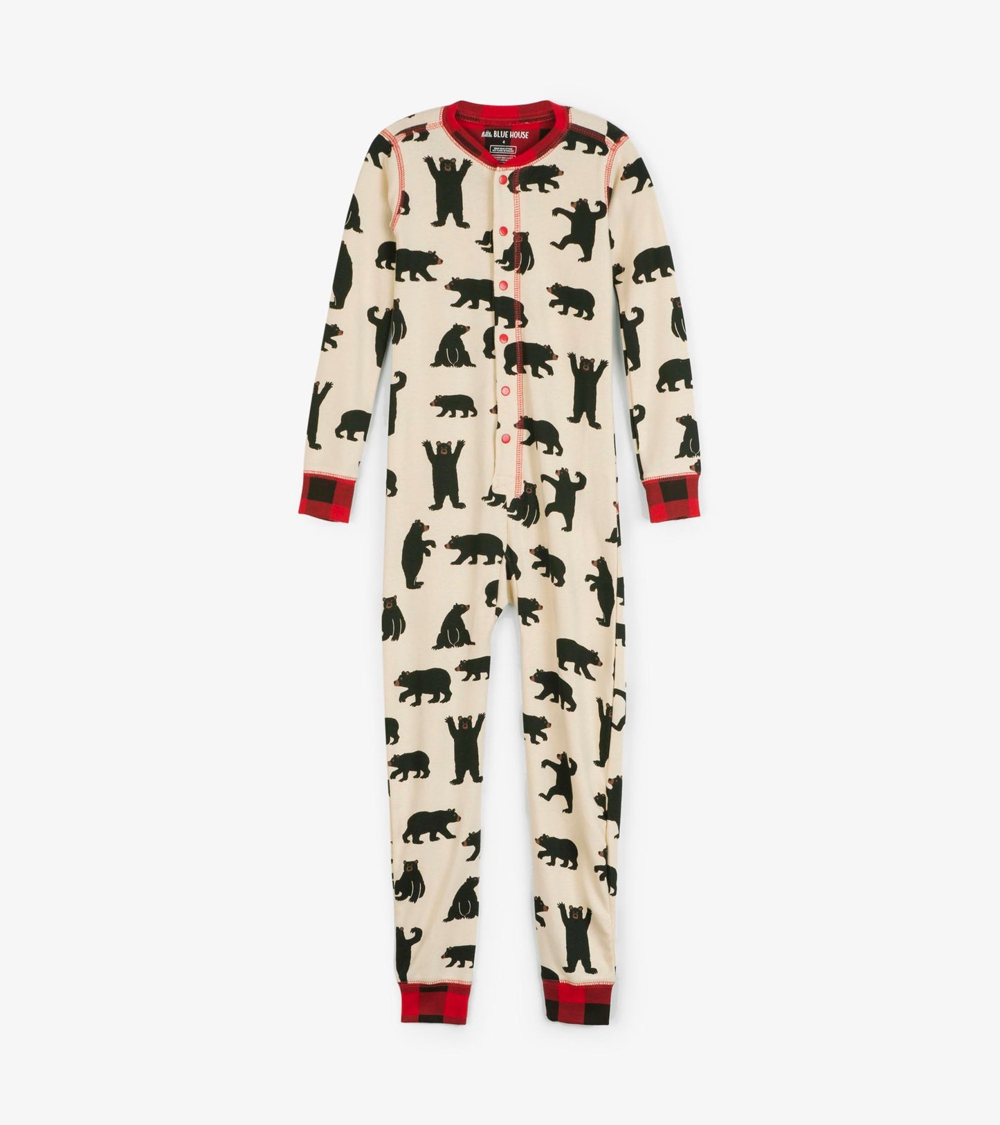 Cream-colored kids' onesie featuring black bear silhouettes and red plaid accents, designed for comfort and play.