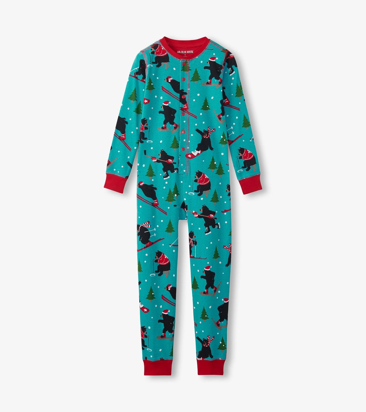 Turquoise onesie featuring playful bear skiing and holiday motifs, with red cuffs and collar. Ideal for winter wear.