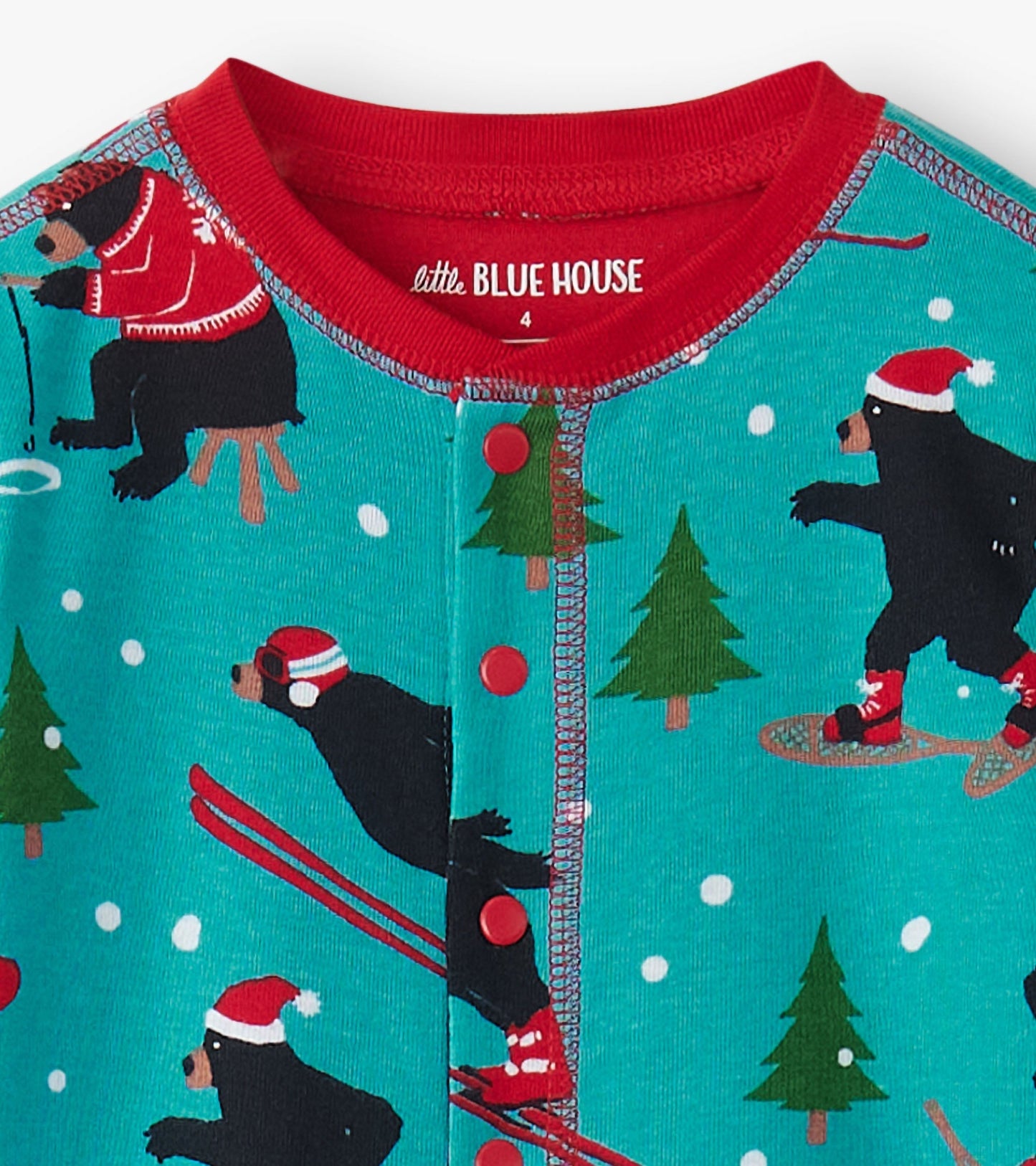 Turquoise onesie featuring playful bear designs, red trim, and snowflakes, perfect for winter wear.