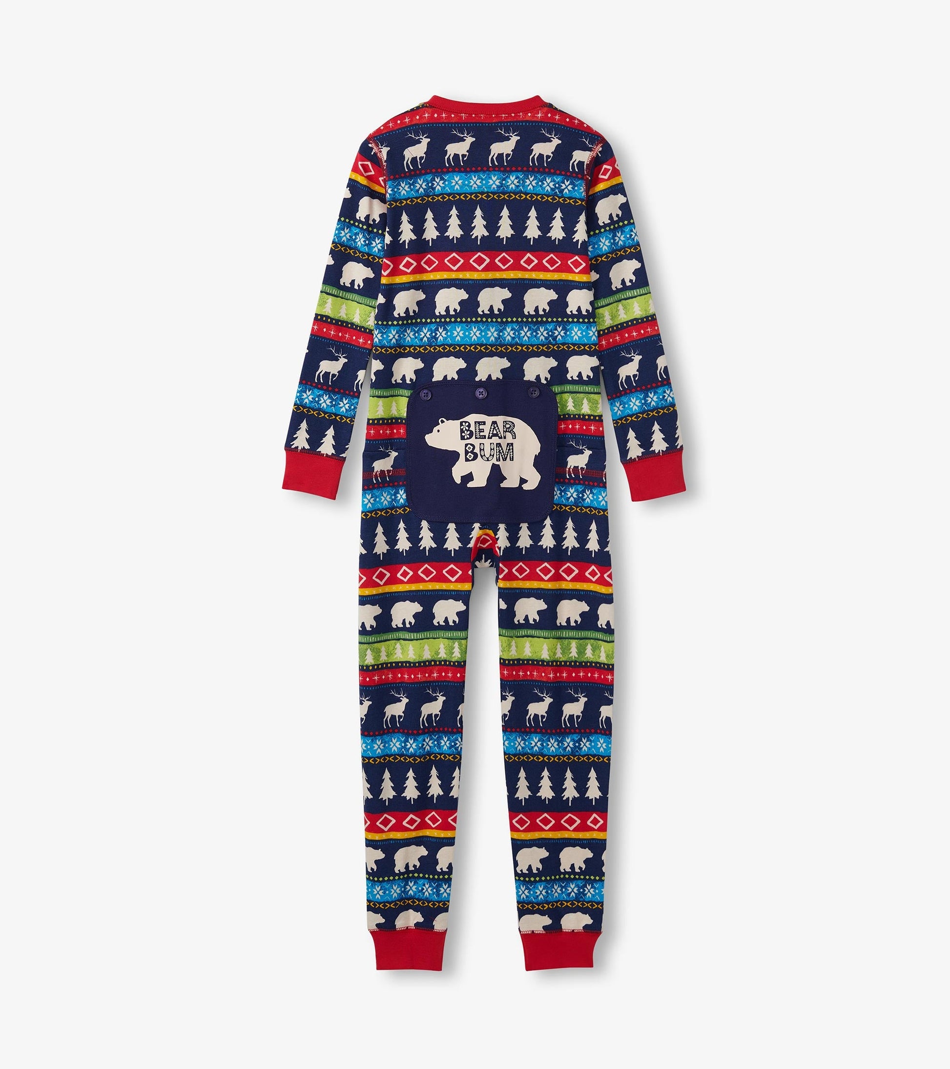 Navy Fair Isle onesie featuring colorful animal and tree patterns, with a playful bear design on the back.