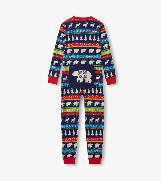 Navy Fair Isle onesie featuring colorful animal and tree patterns, with a playful bear design on the back.