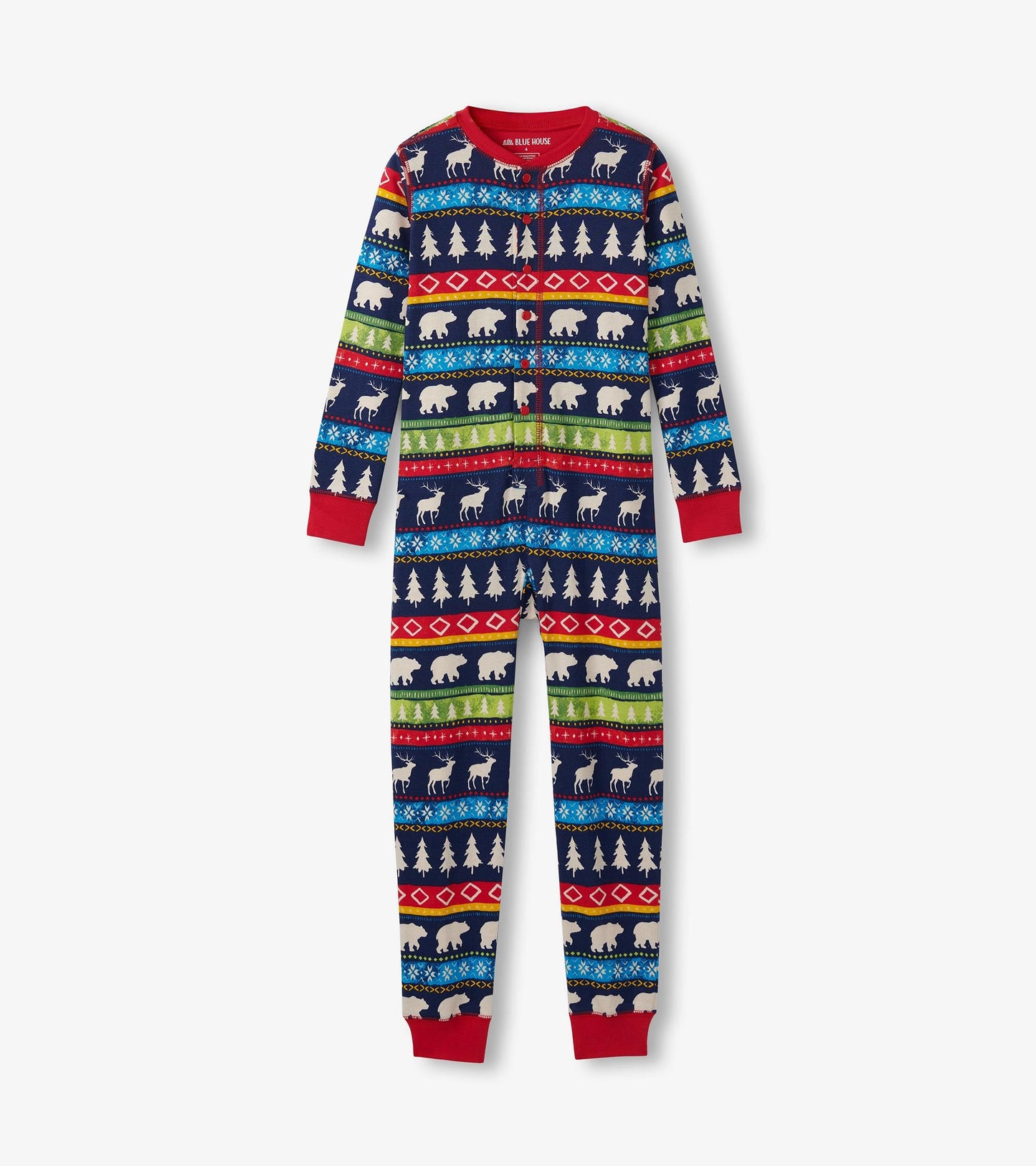 Navy Fair Isle onesie featuring colorful patterns of bears, trees, and diamonds with red cuffs and neckline.
