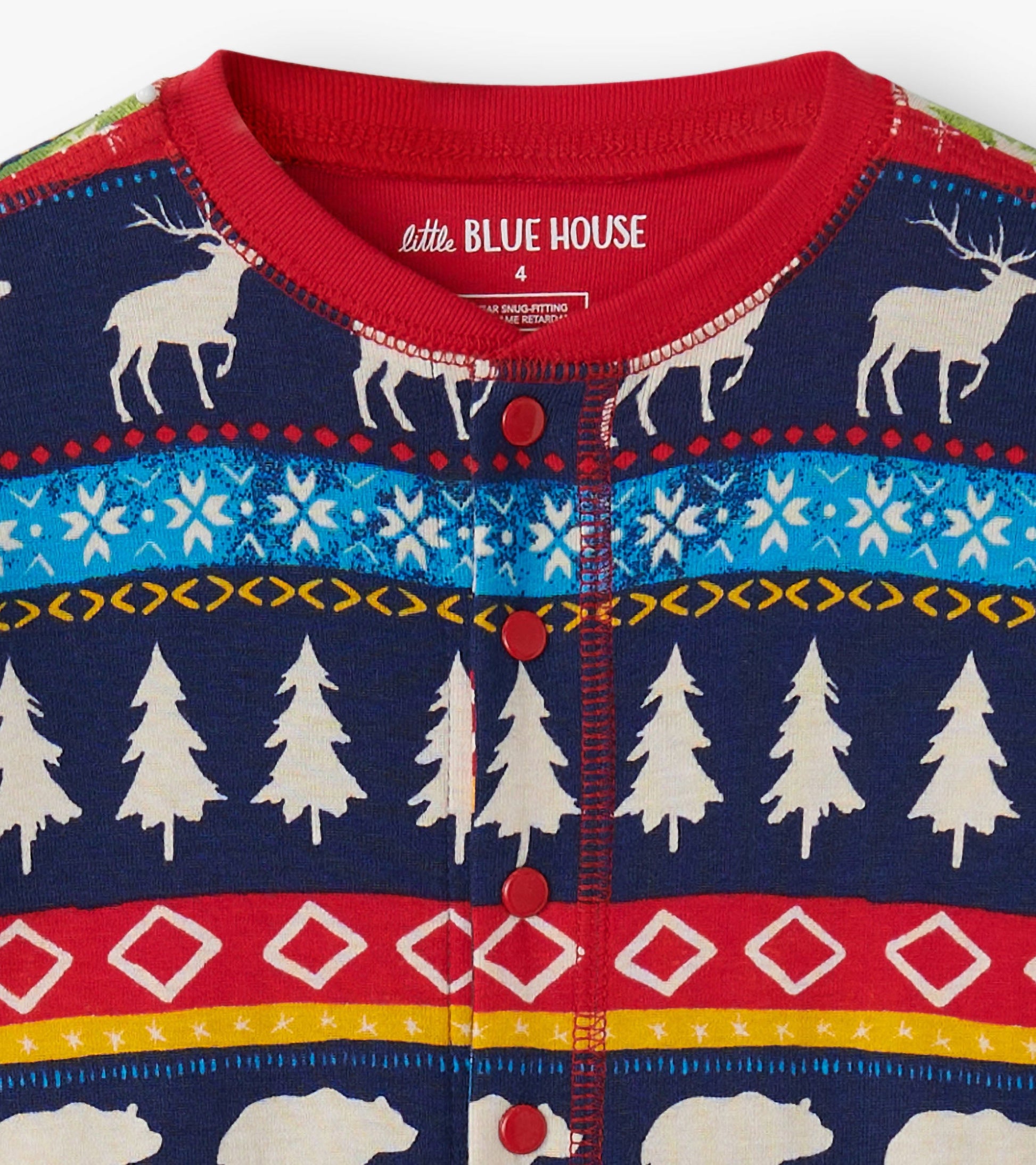 Navy onesie featuring a Fair Isle pattern with reindeer, trees, and bears, accented by red buttons and a crew neckline.