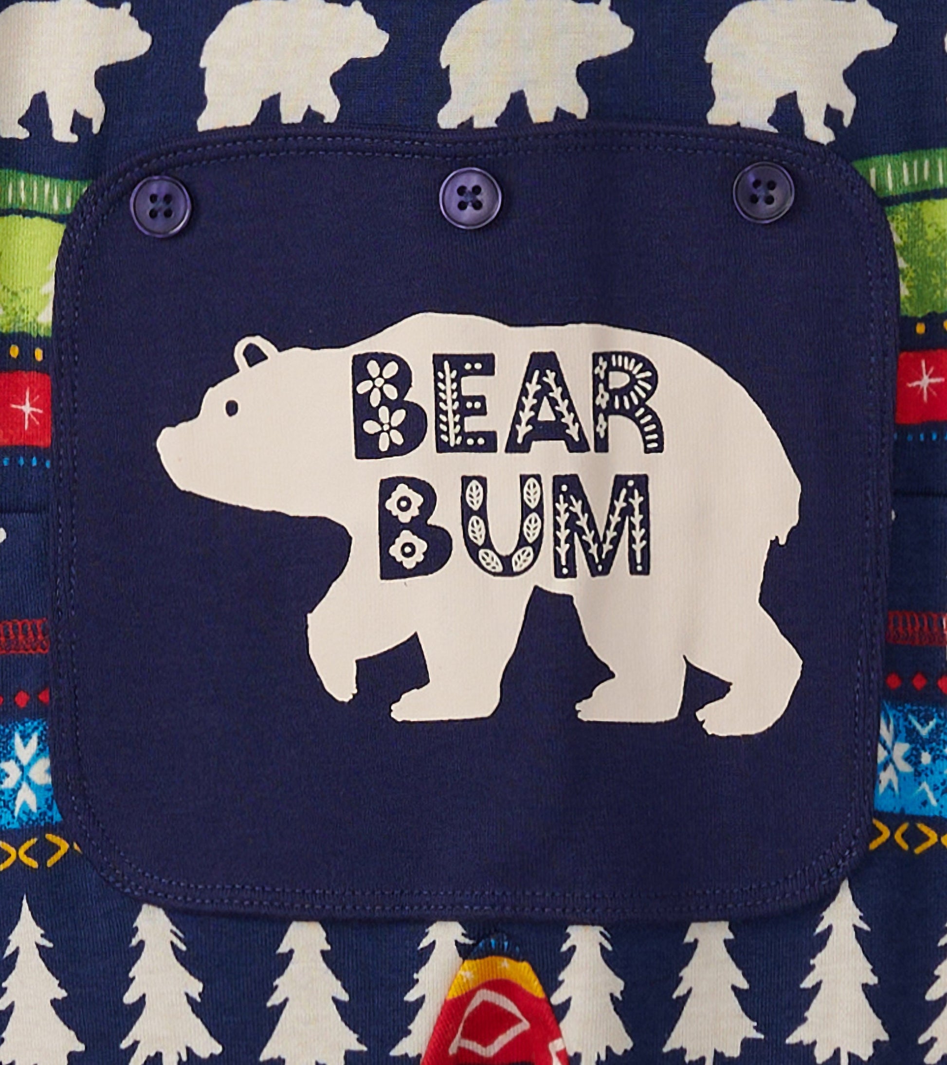 Navy onesie featuring a bear graphic and Fair Isle pattern with trees and snowflakes, designed for kids.