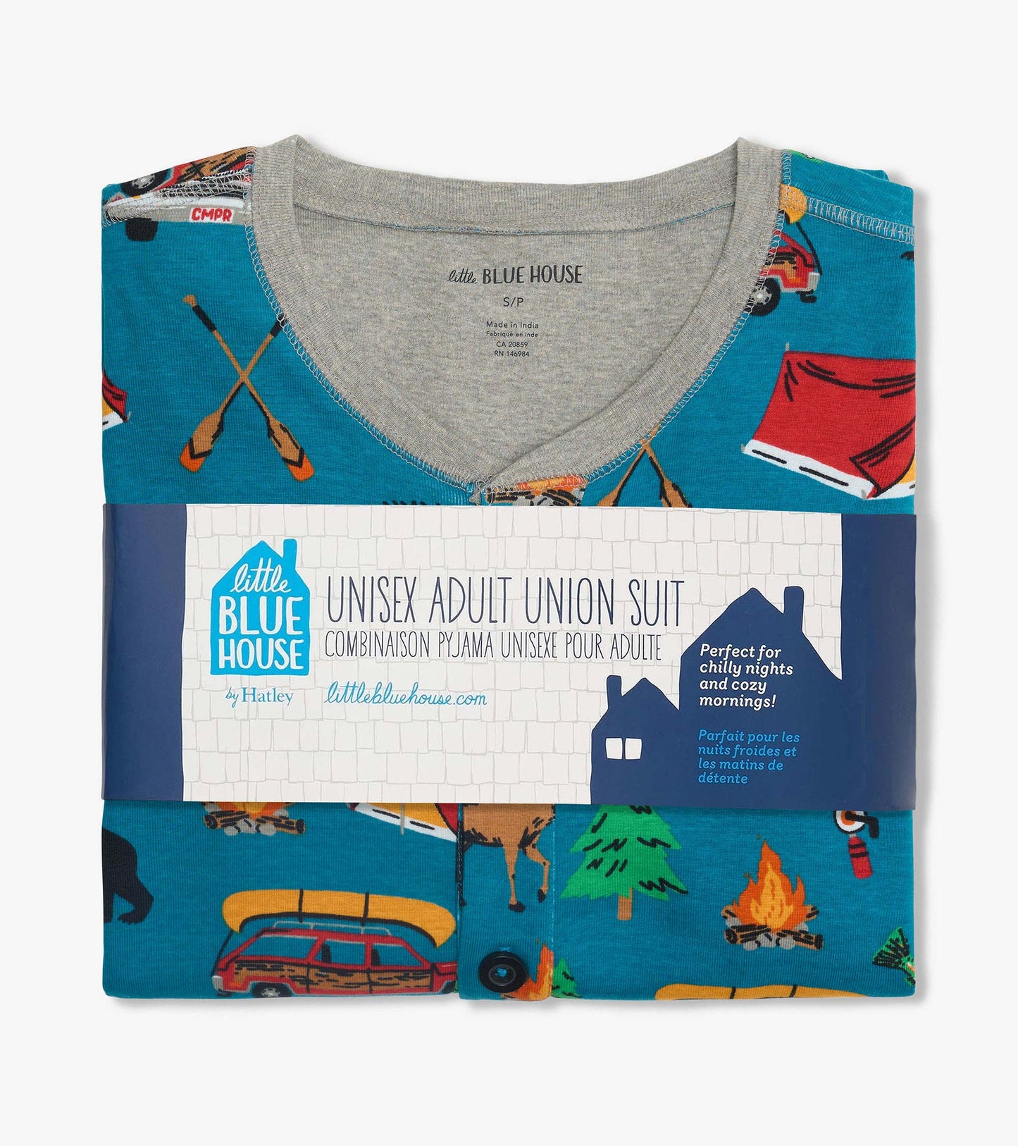 Folded blue adult onesie with camping print, gray V-neck collar, and button front closure
