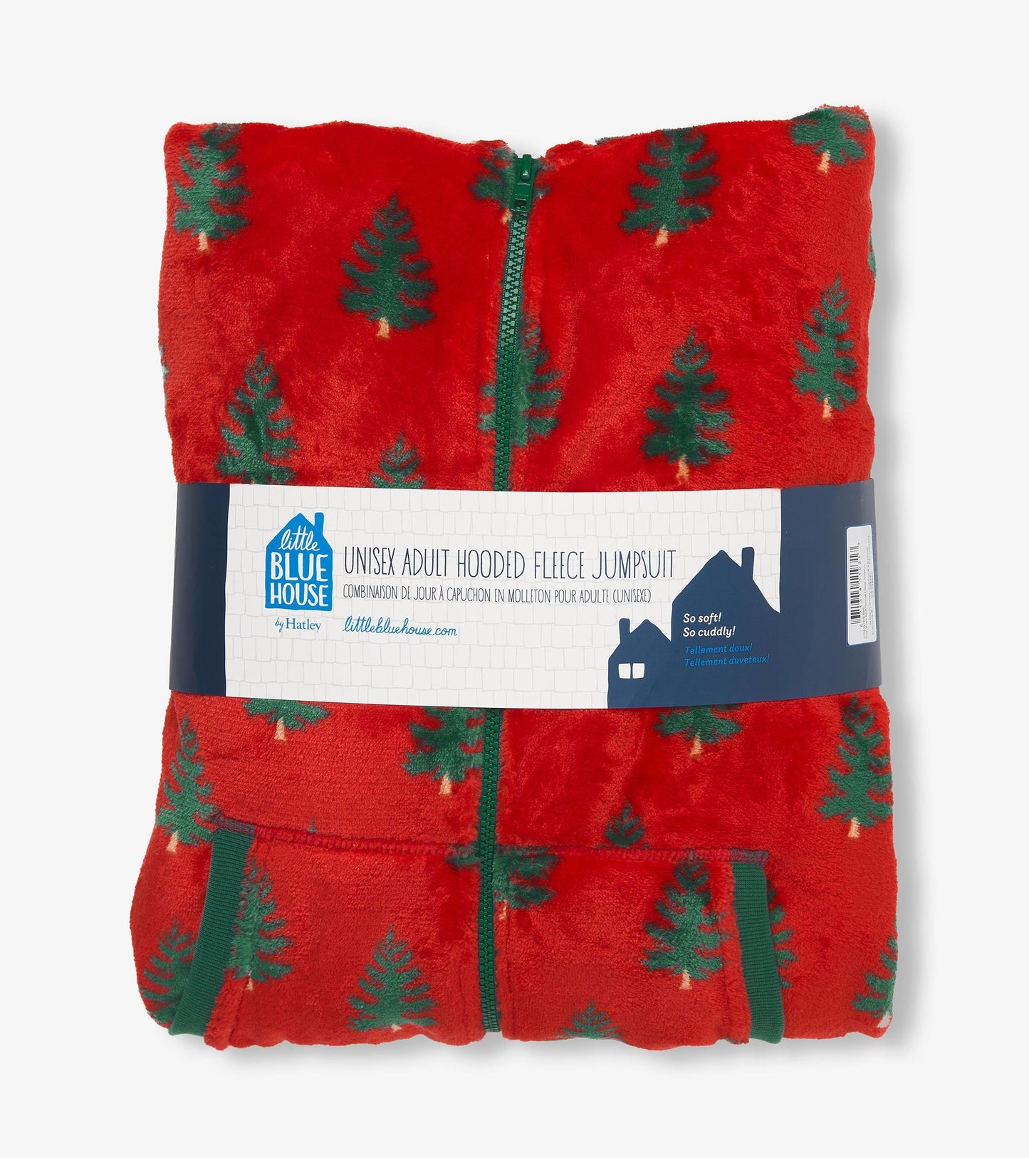 Red fleece jumpsuit featuring a tree pattern, with a hood and zip closure, neatly folded for display.