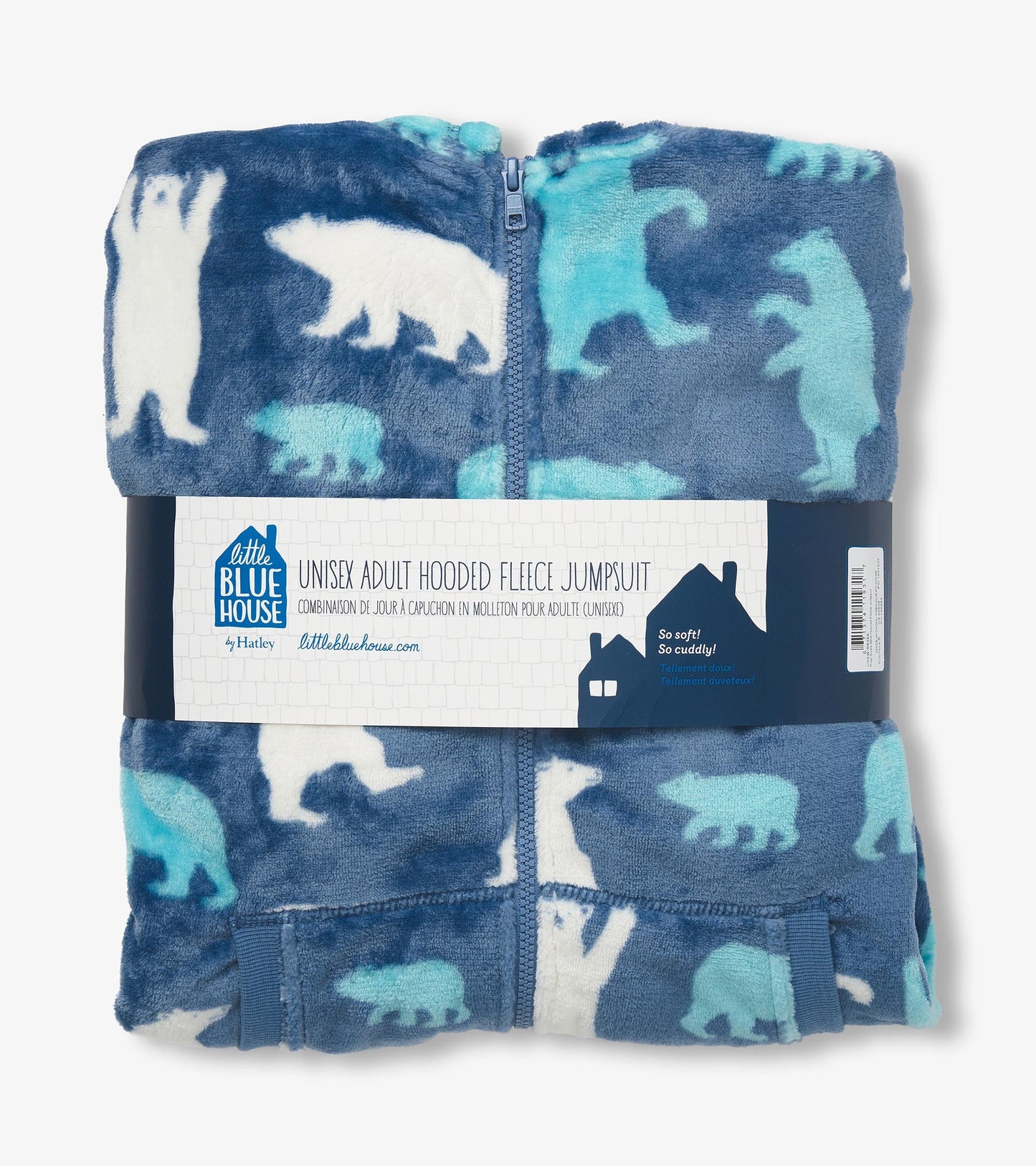 Blue fleece jumpsuit featuring polar bear patterns, with a hood and zip closure, folded neatly with a label.
