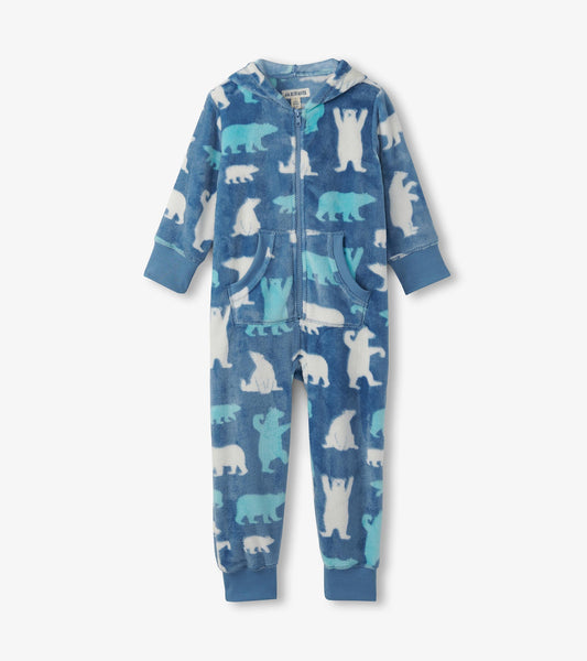 Blue fleece jumpsuit featuring white and light blue polar bear patterns, with a hood and front pockets.