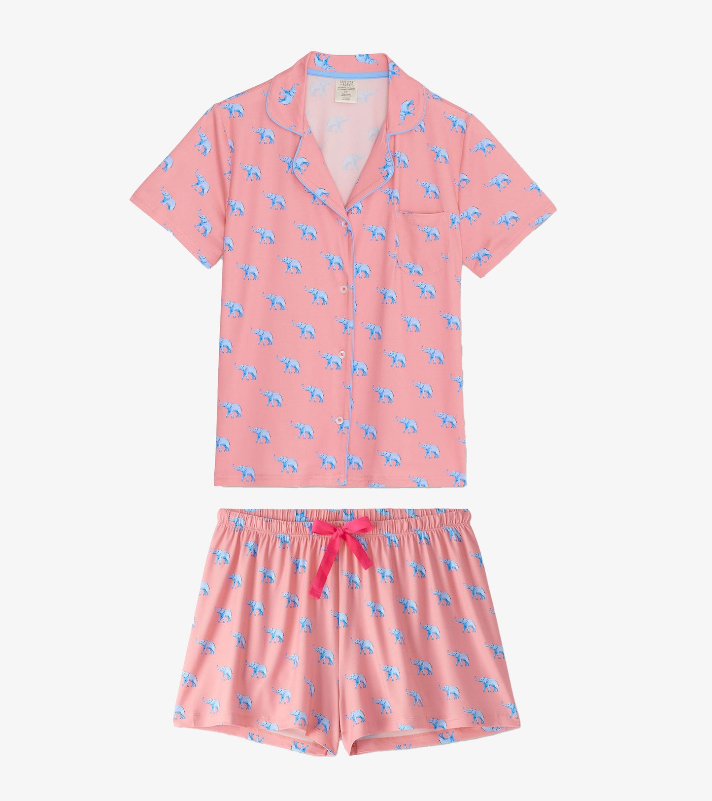 Pink short pajama set featuring a playful elephant pattern, with a button-up top and elastic waistband shorts.