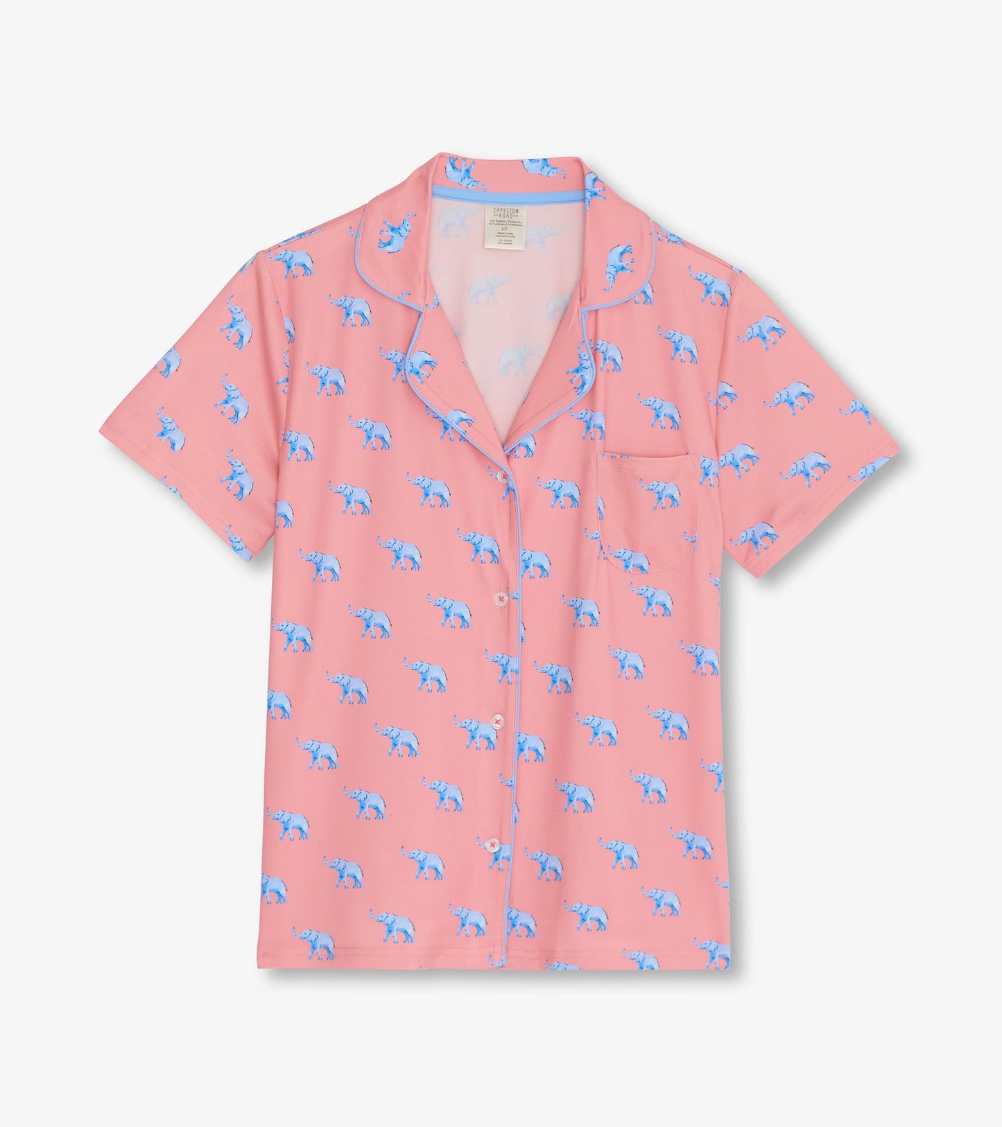 Short-sleeve pajama top in pink with blue elephant print and pocket detail. Soft fabric ideal for sleepwear.