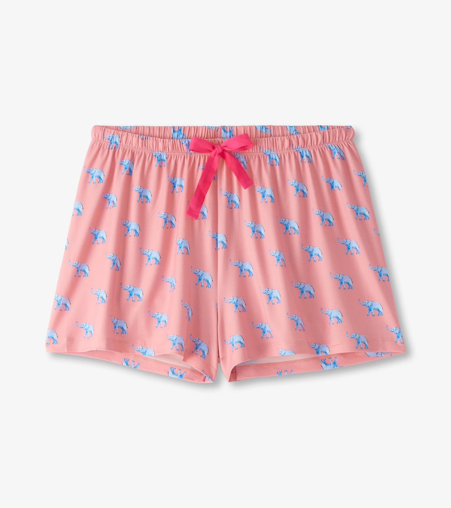 Pink pajama shorts featuring a playful blue elephant pattern and a pink drawstring waistband.