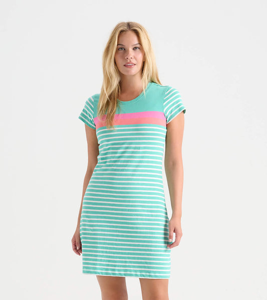 Turquoise striped crew neck t-shirt dress with short sleeves and a pink accent stripe, suitable for casual wear.