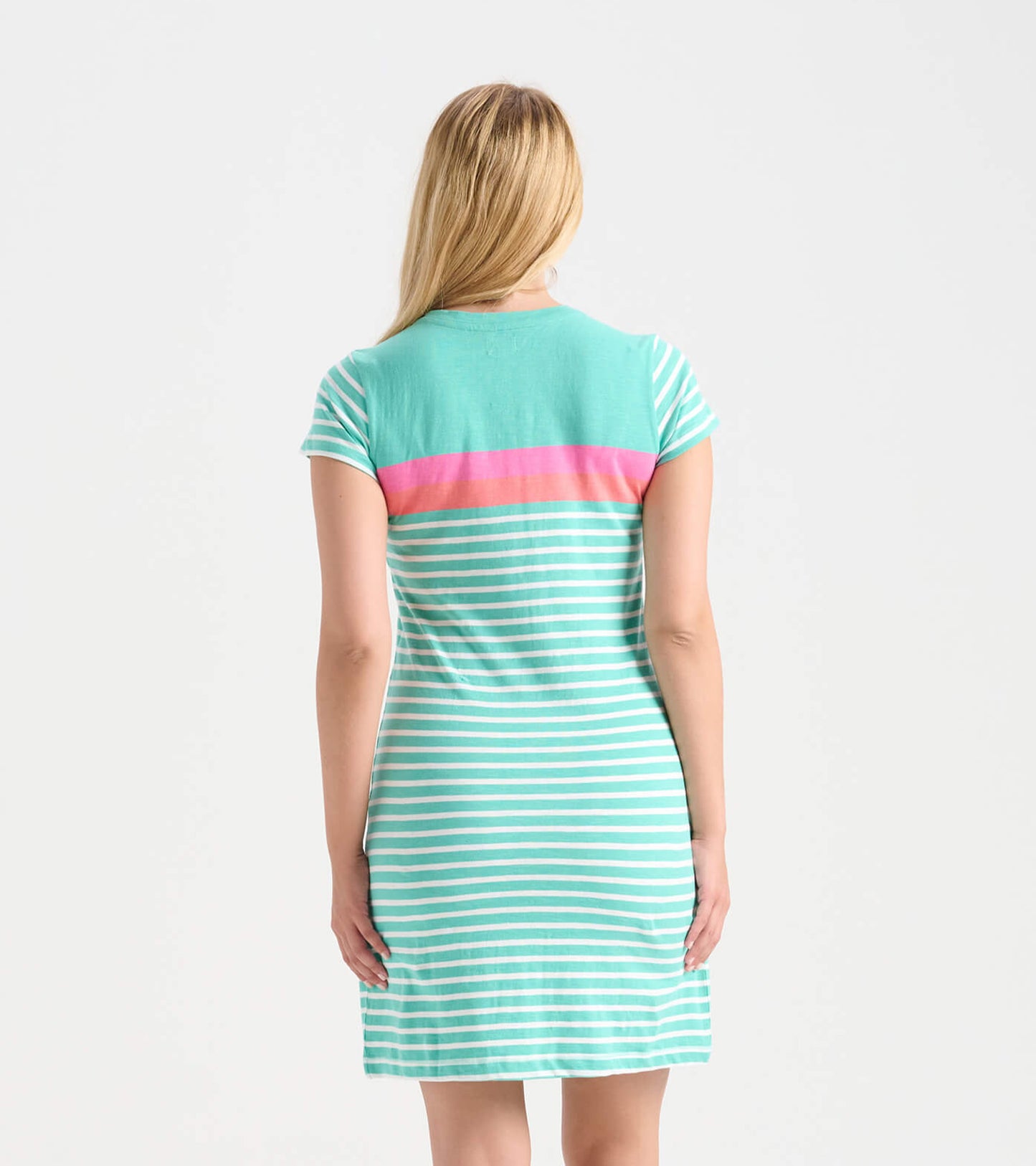 Back view of a women's crew neck t-shirt dress in teal with pink and white stripes, short sleeves, and a fitted silhouette.