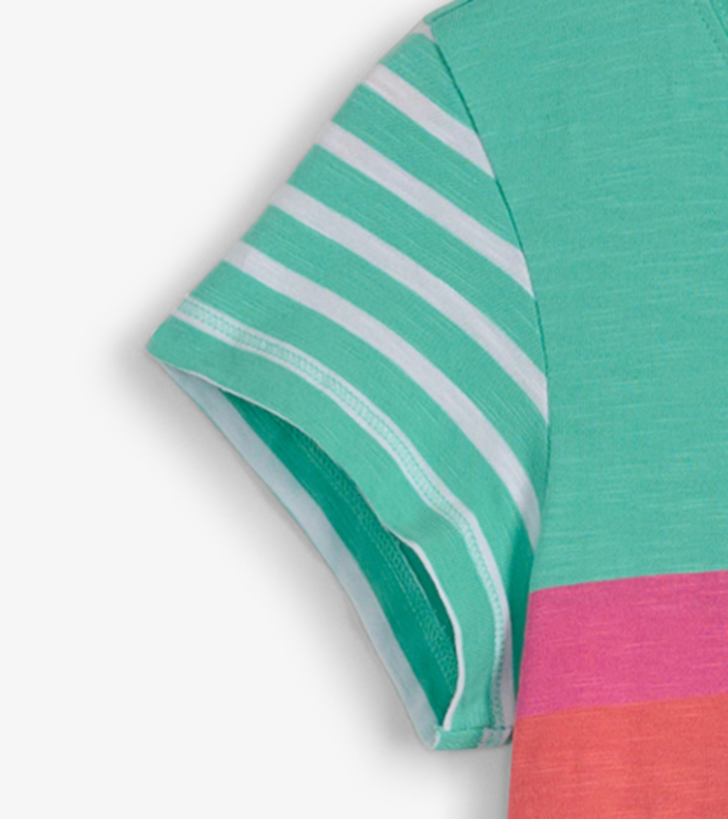 Crew neck t-shirt dress featuring a teal body with white stripes and pink and coral color-blocked sections.