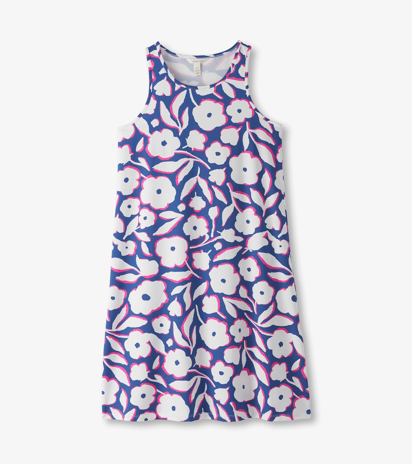 Sleeveless summer dress featuring a blue background with white flowers and pink accents, perfect for warm weather.