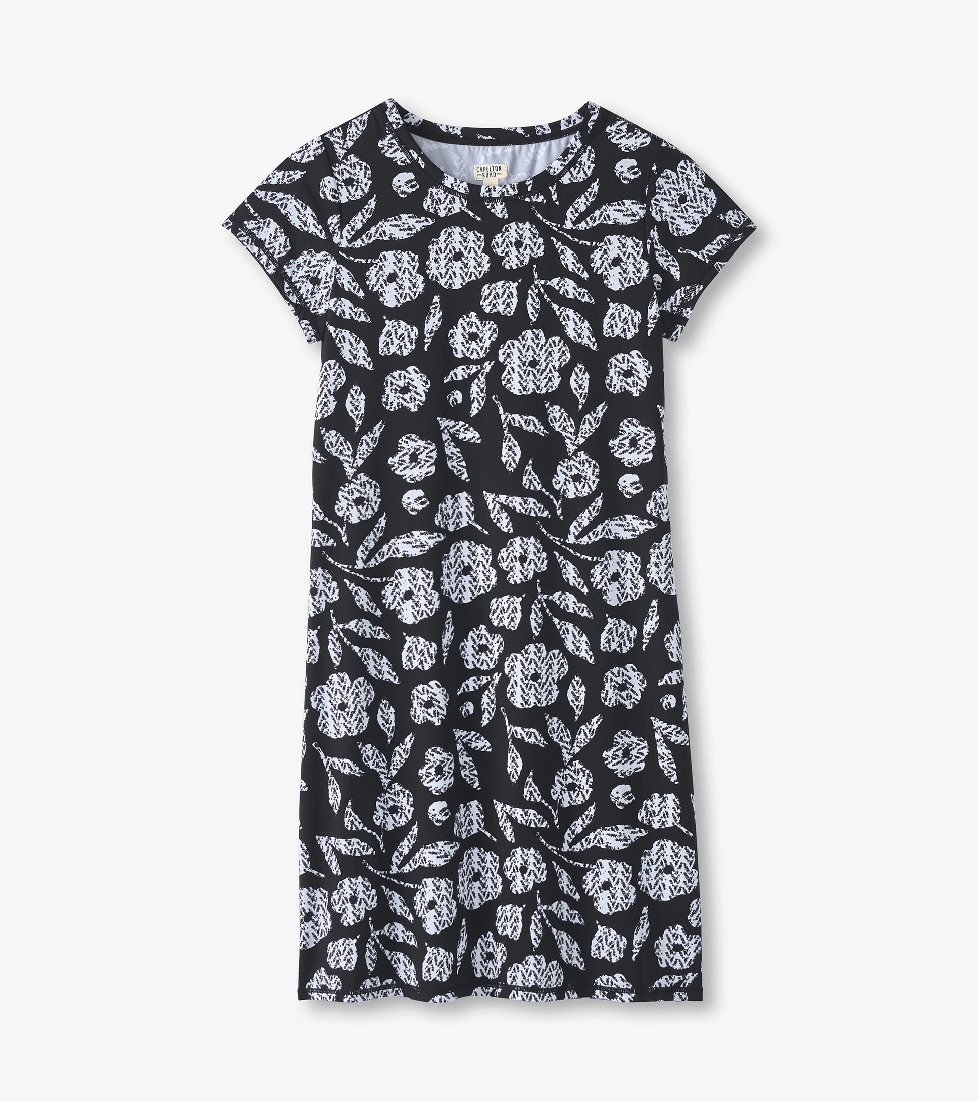 Black t-shirt dress featuring a white floral and leaf pattern, short sleeves, and a relaxed fit.