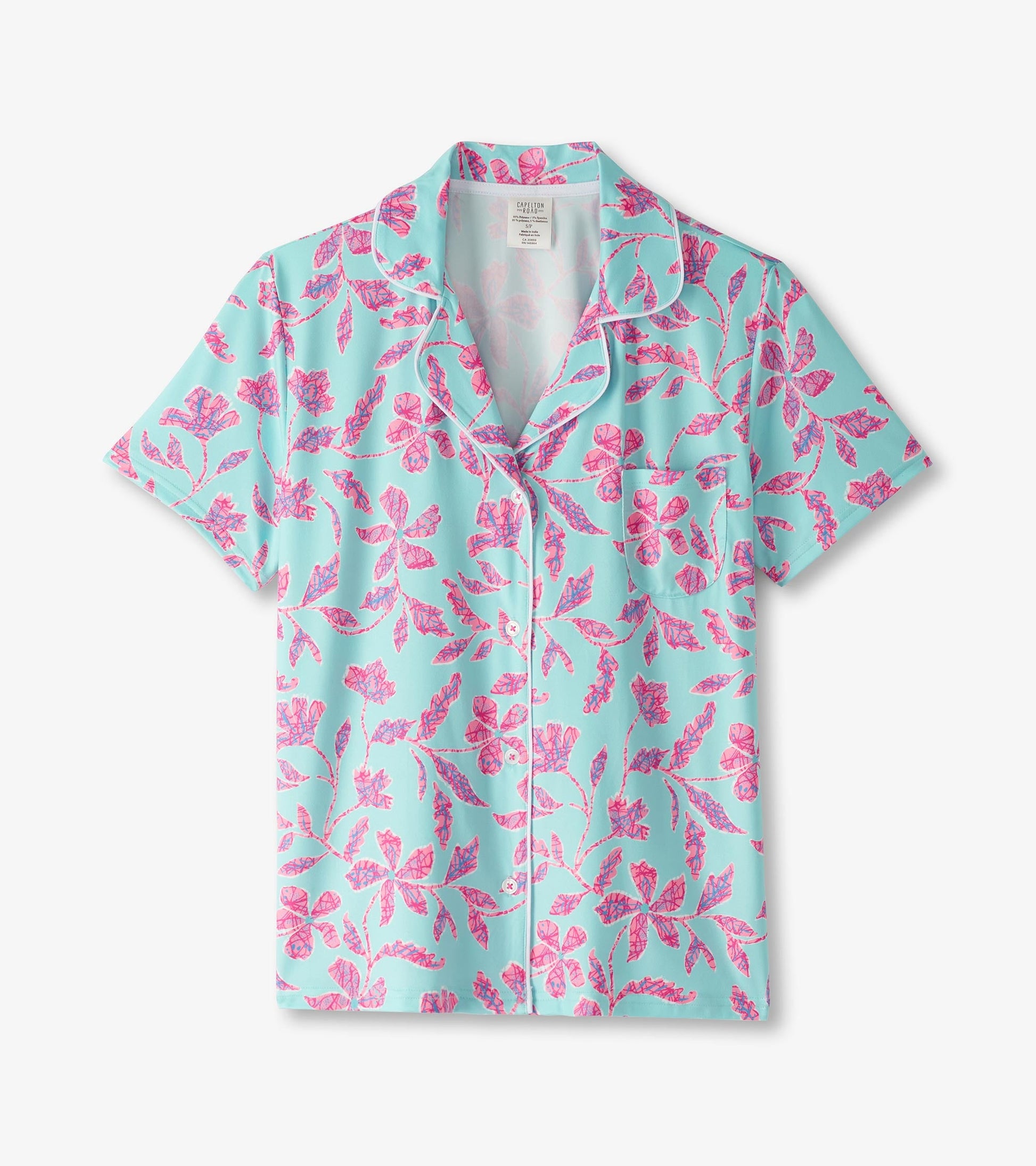 Turquoise short pajama top featuring a vibrant pink batik floral pattern and a classic collar.