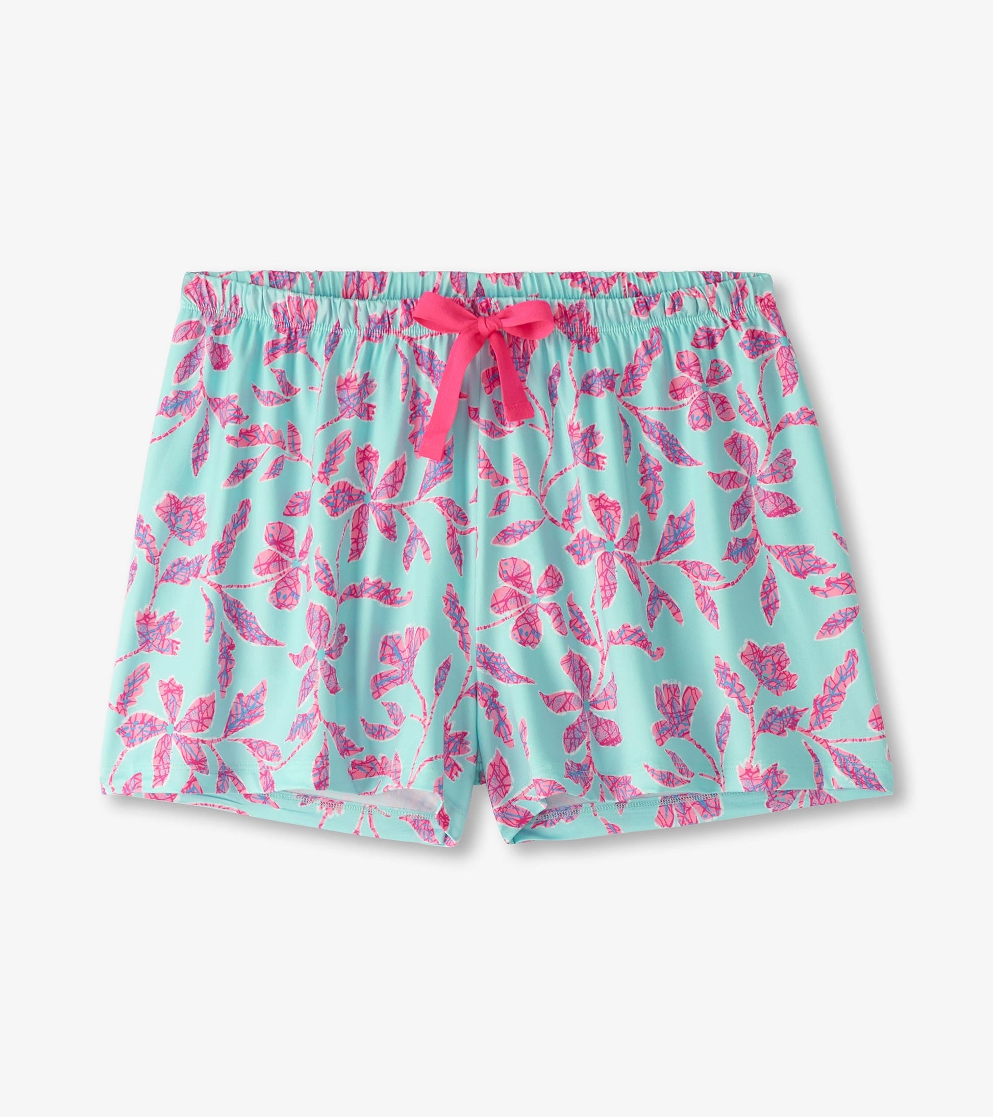 Turquoise pajama shorts featuring a pink batik flower pattern and an elastic waistband with a drawstring.