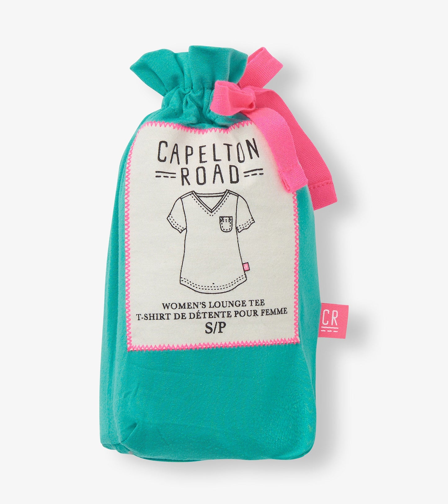 Turquoise drawstring bag containing a women's V-neck T-shirt with a pocket design.