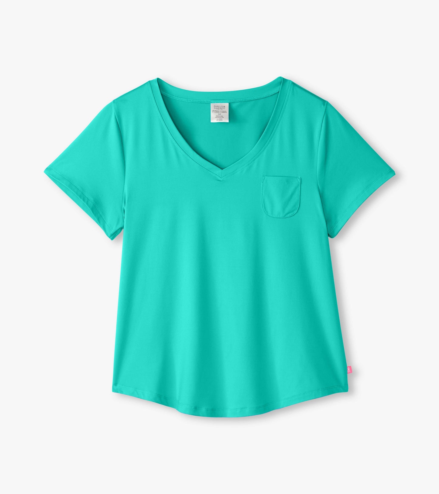 Turquoise V-neck T-shirt with short sleeves and a pocket, made from soft polyknit fabric.