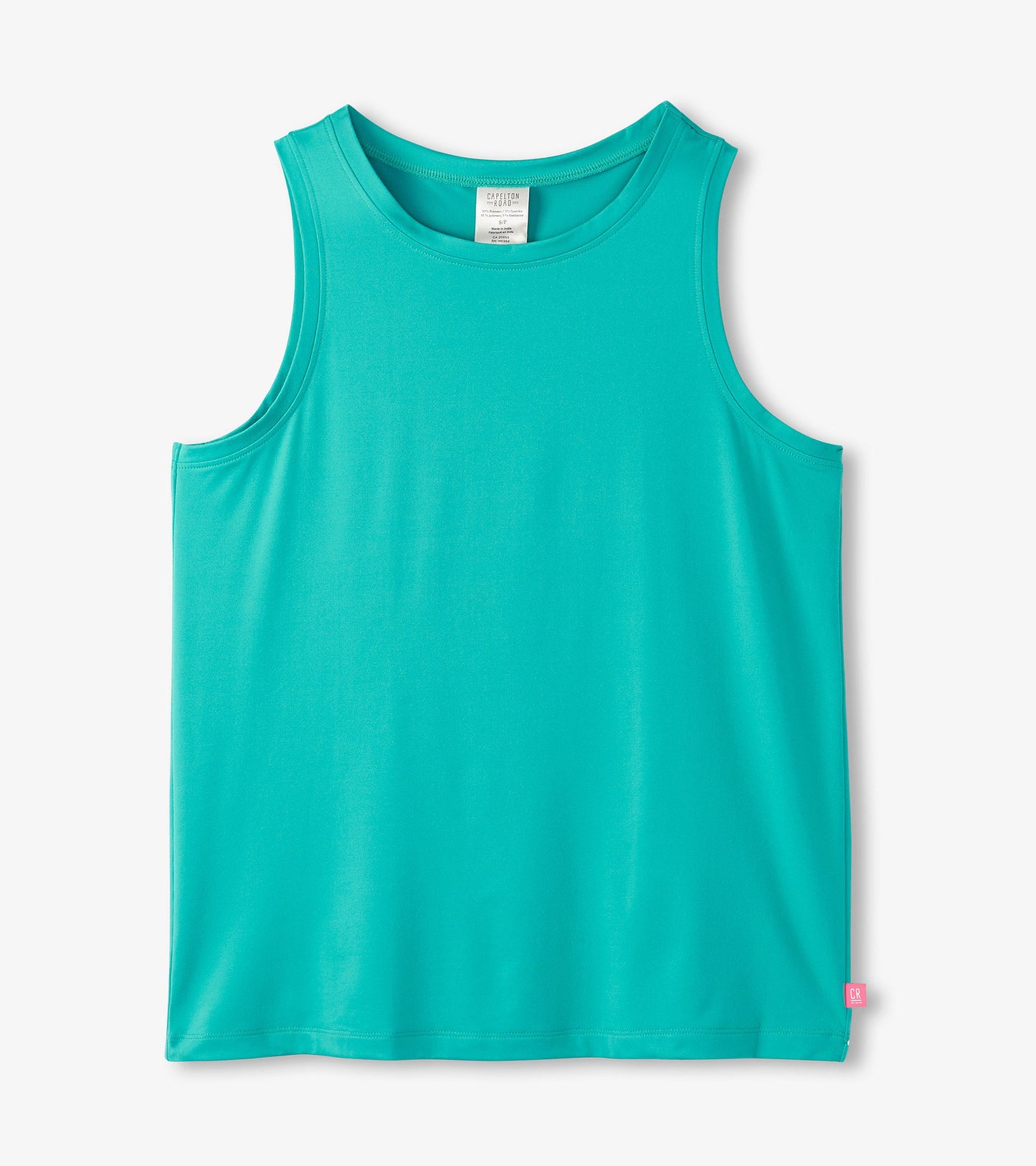 Turquoise scoop neck tank top made from soft polyknit fabric, featuring a relaxed fit and sleeveless design.
