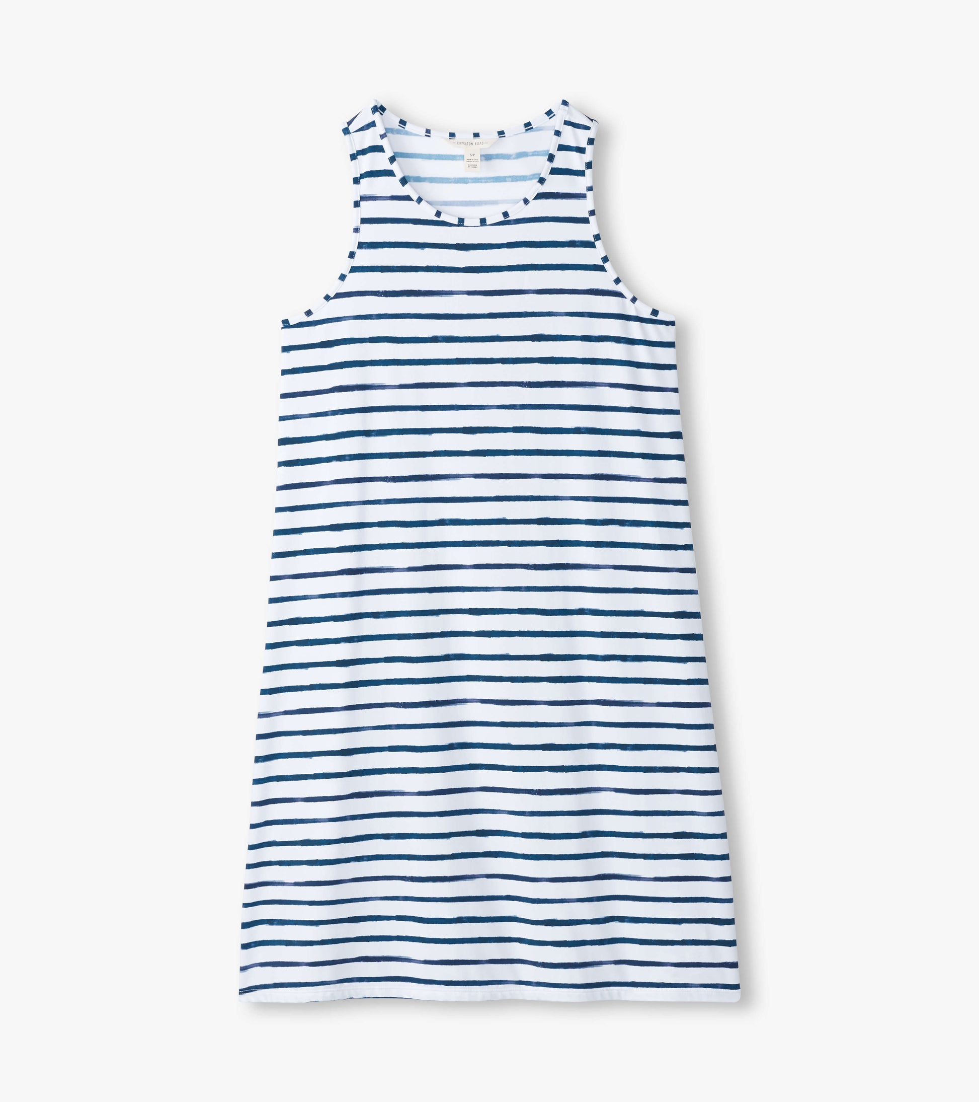 Sleeveless summer dress featuring blue watercolor stripes on a white background, with a relaxed fit and round neckline.
