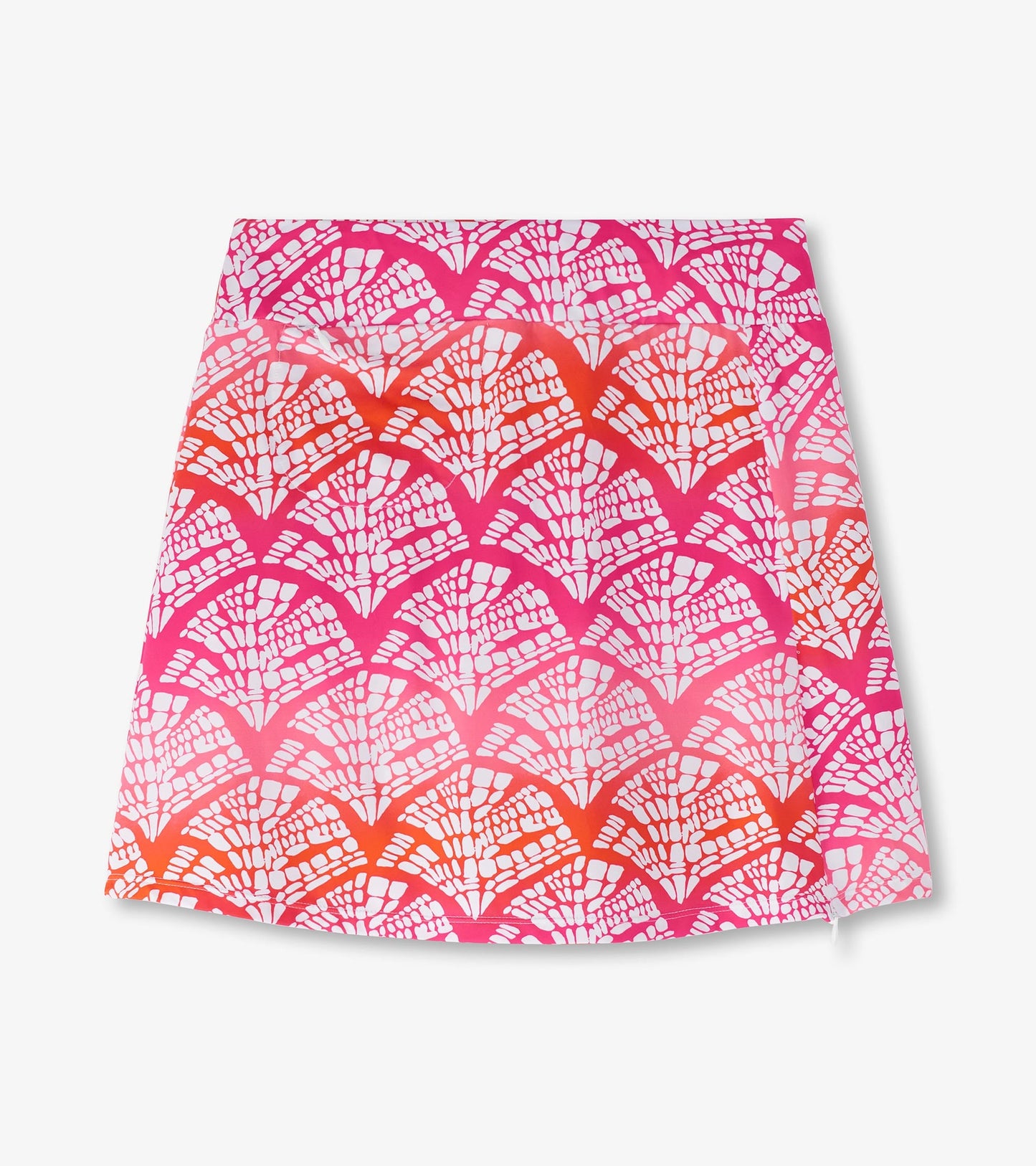 Pink skort featuring a vibrant fan pattern in shades of pink and orange, designed for casual wear.