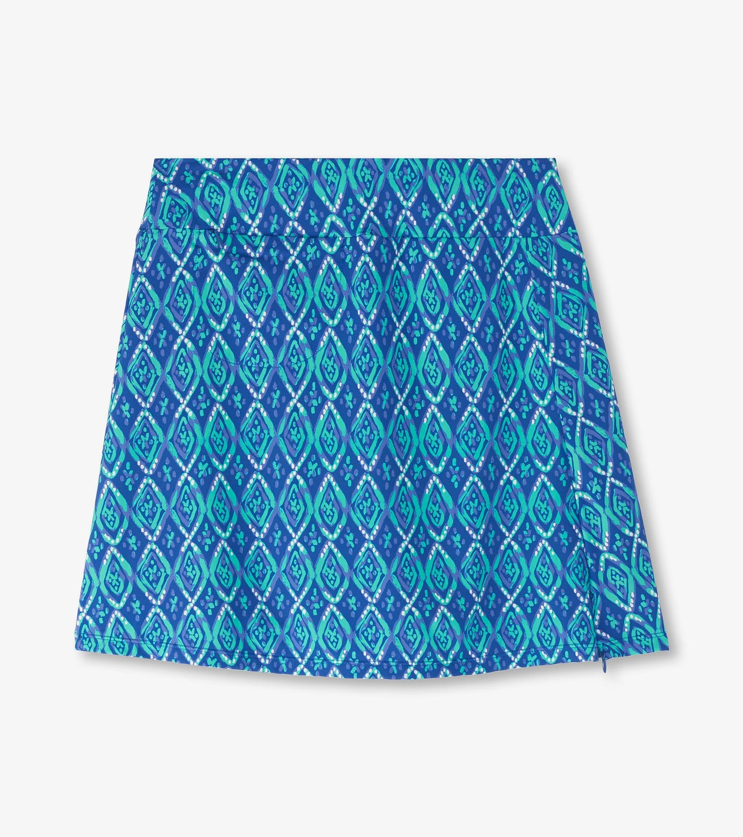 Blue skort featuring a diamond pattern in shades of turquoise and green, designed for casual wear.