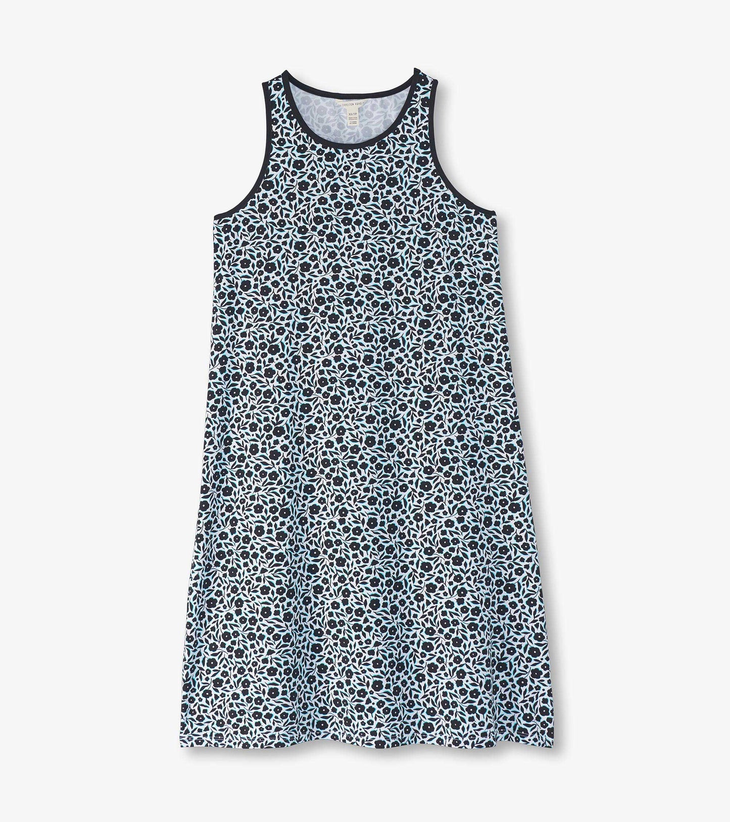 Light blue and black floral print sleeveless mini dress with a round neckline, perfect for summer wear.