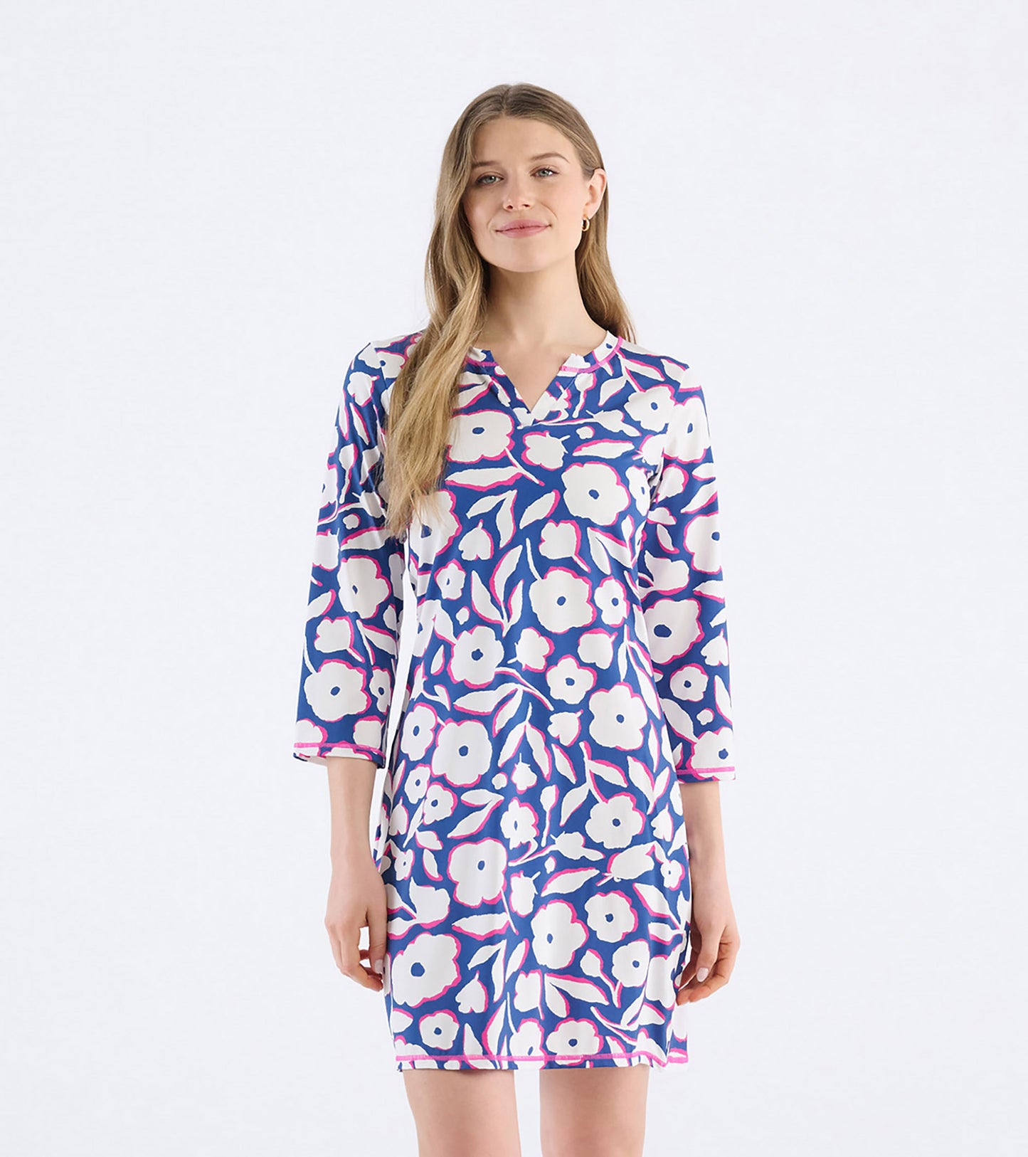 Notch neck dress featuring a vibrant floral pattern in blue, white, and pink, with three-quarter sleeves.