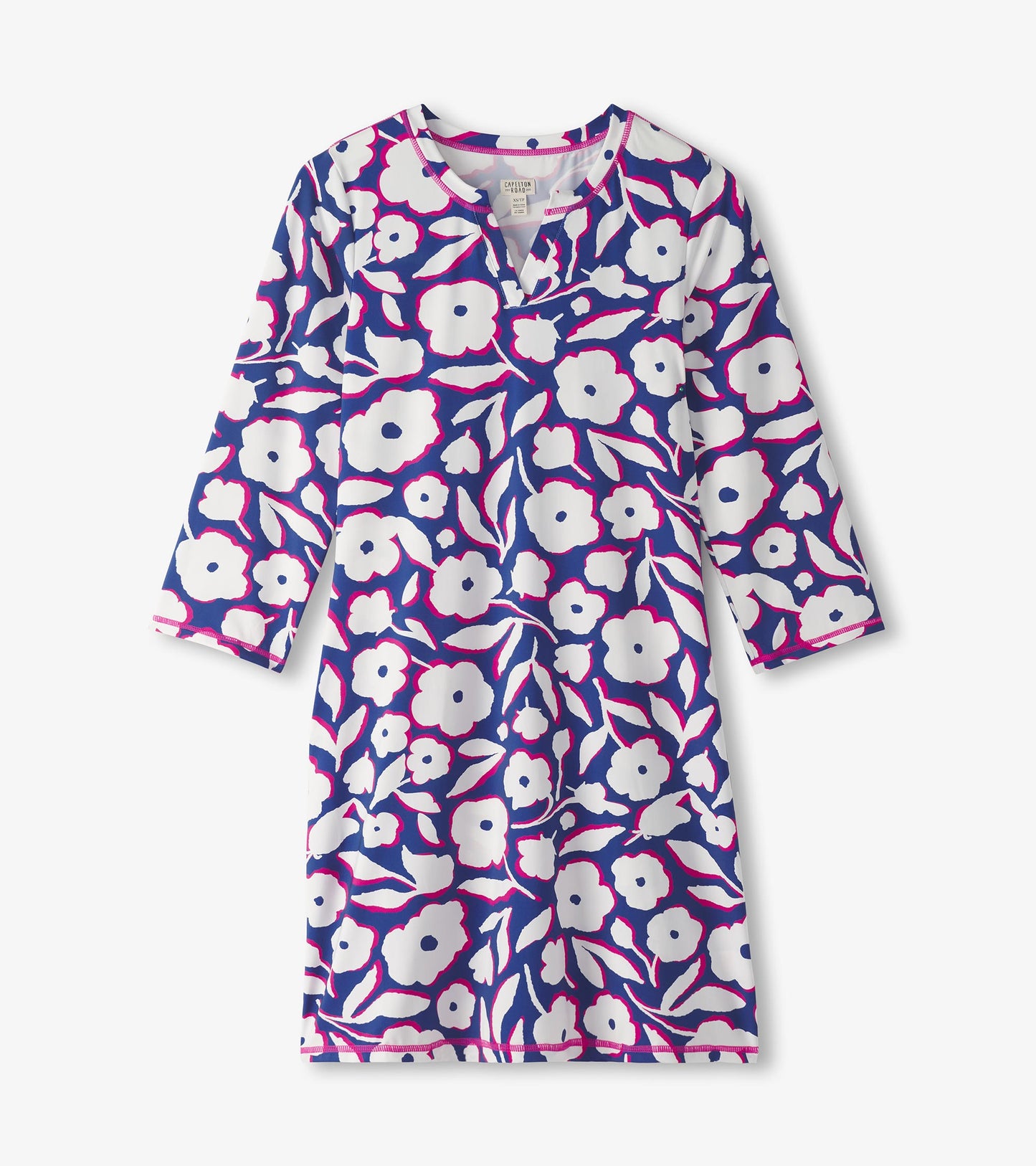 Notch neck dress featuring a vibrant floral pattern in white, pink, and blue, with three-quarter sleeves.