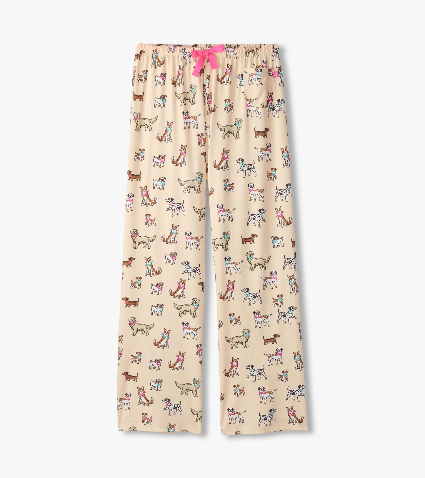 Beige pajama pants featuring a playful dog print, with an elastic waistband and pink drawstring.