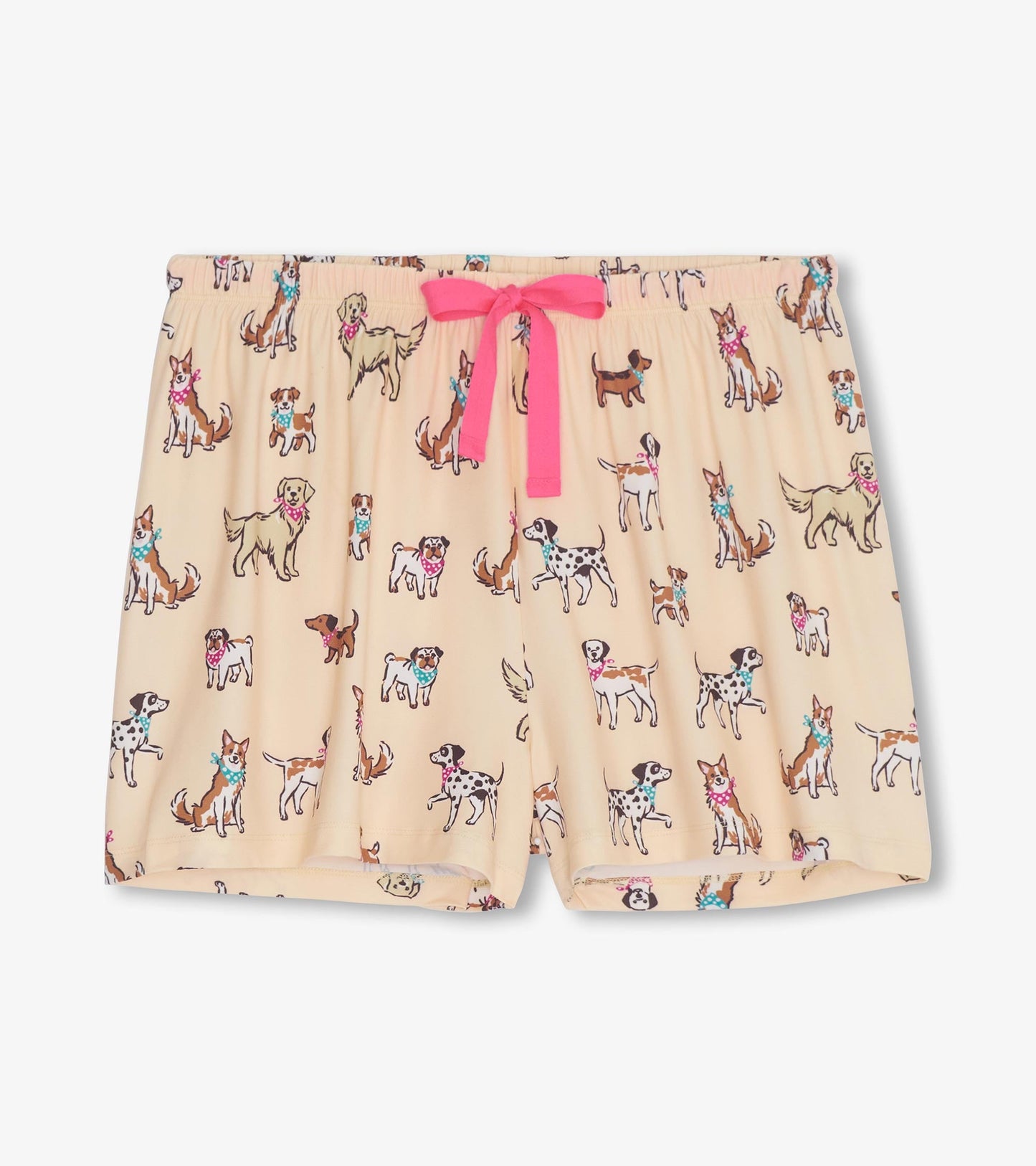 Short pajama set featuring a playful dog print on a light beige background, with a pink drawstring at the waist.
