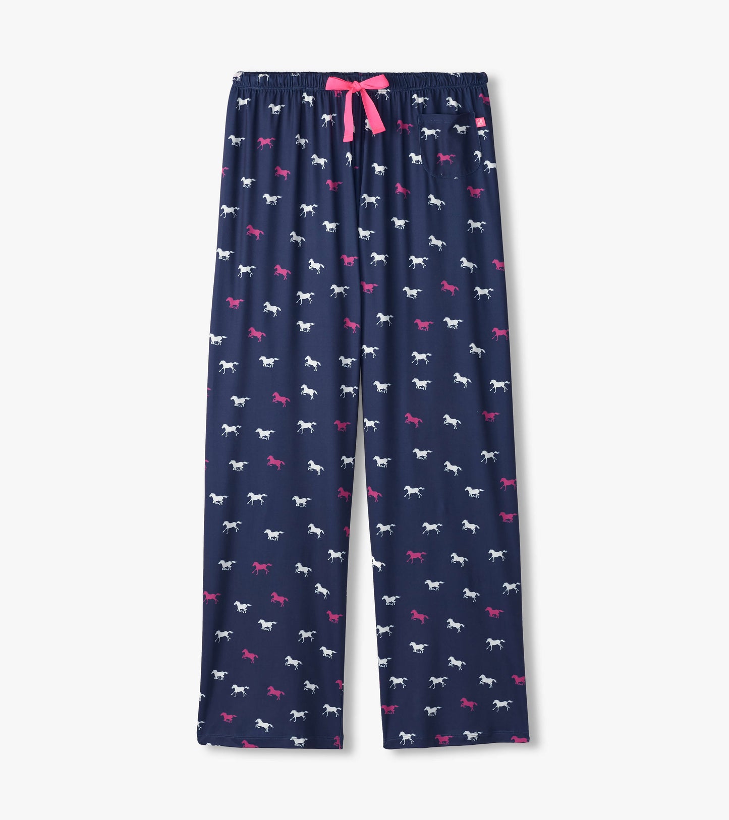 Navy pajama pants featuring a playful horse pattern in white and pink, with an elastic waistband and drawstring.