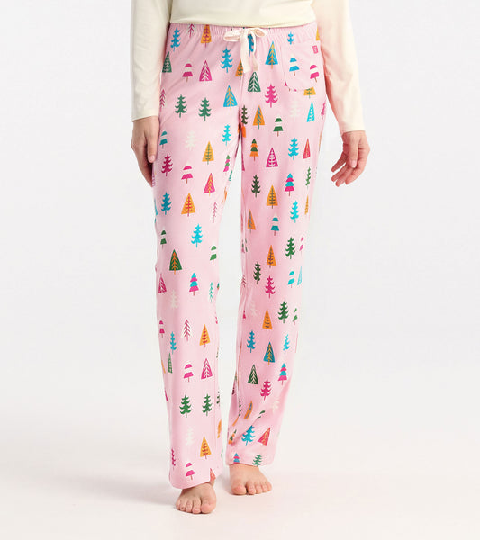 Pink polyknit pajama pants featuring a colorful holiday tree pattern, with an elastic waistband and drawstring.
