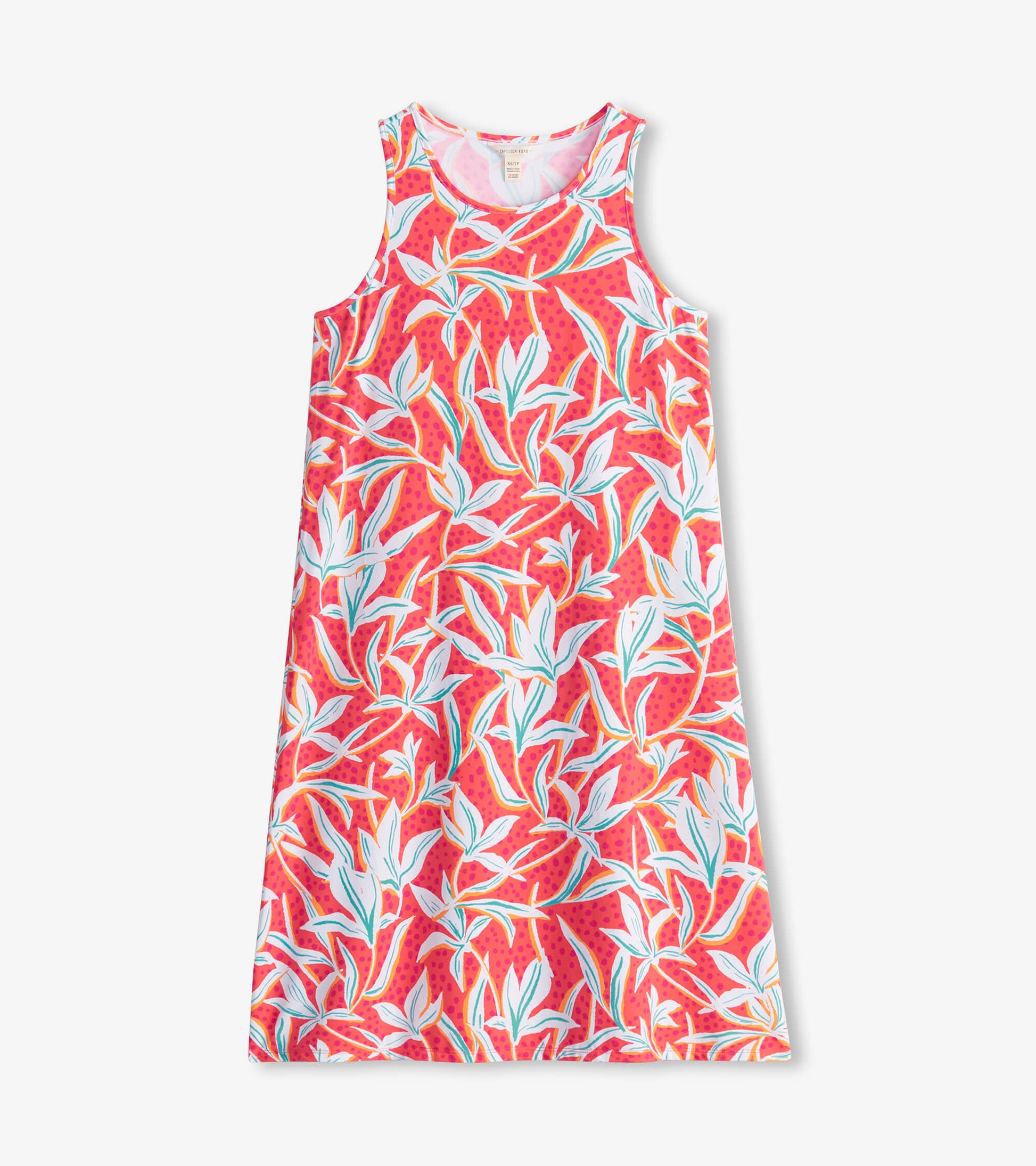 Sleeveless summer dress featuring a vibrant pink background with leafy floral patterns in blue and green.