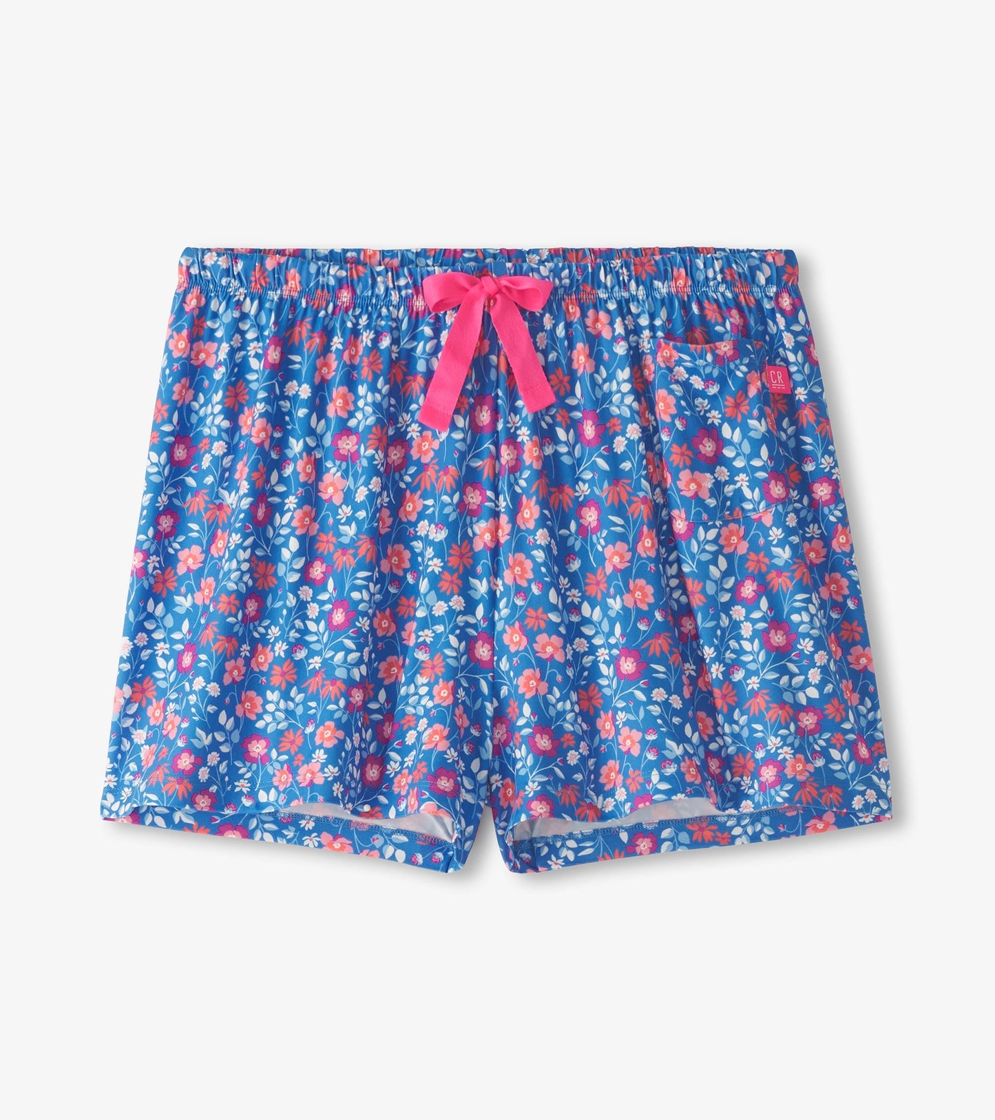 Blue pajama shorts with a floral pattern in pink and white, featuring an elastic waistband and a pink drawstring.