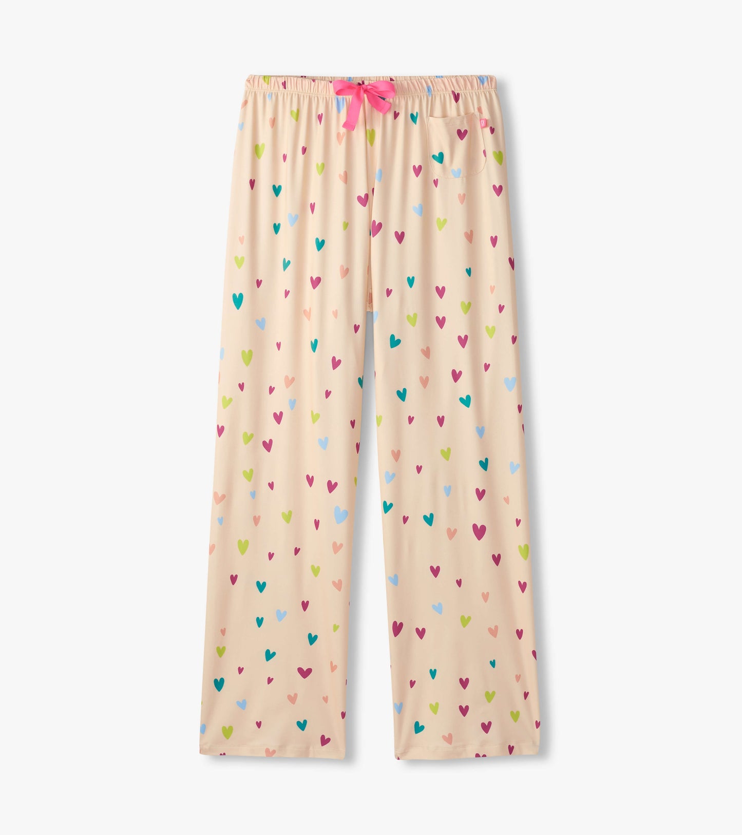 Peach pajama pants with a playful heart pattern in various colors and a pink drawstring at the waist.