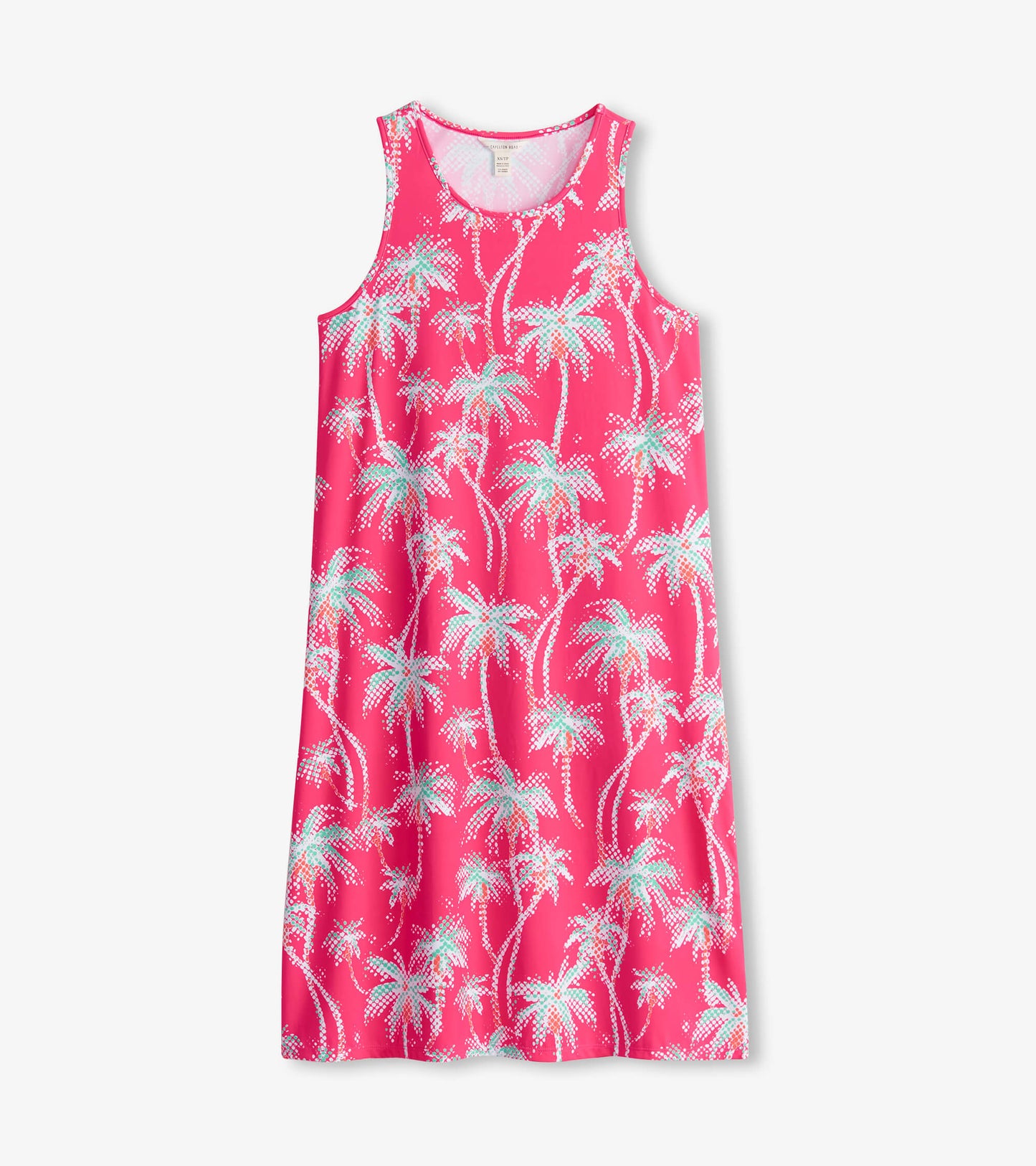 Pink summer dress featuring a palm tree pattern, sleeveless design, and a relaxed fit. Ideal for warm weather wear.