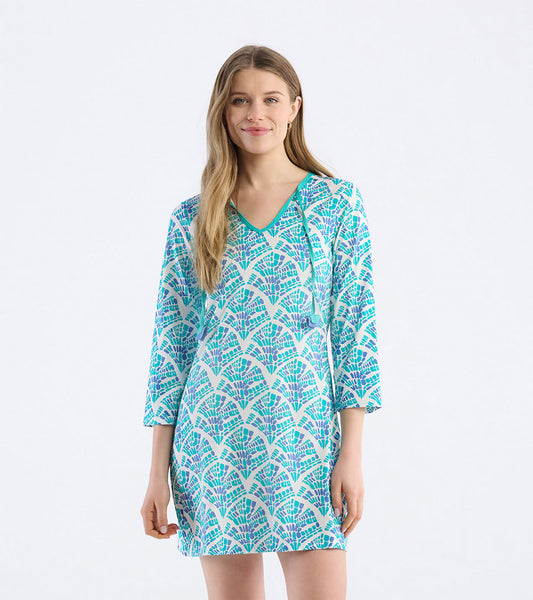 Lightweight beach dress featuring a vibrant mosaic wave pattern in turquoise and purple with a V-neck and three-quarter slee…