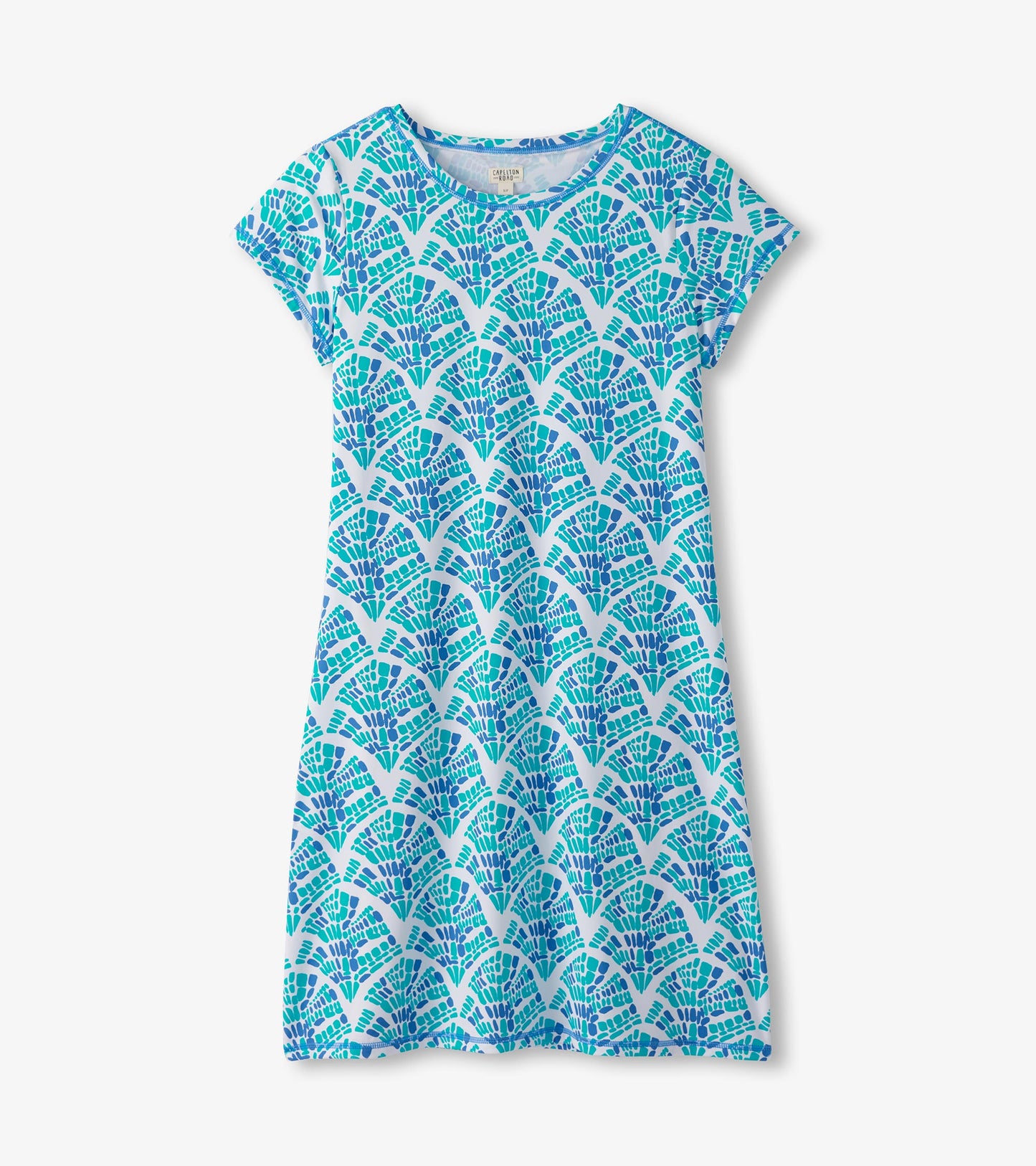 Light blue T-shirt dress featuring a mosaic wave pattern in shades of blue and green, with short sleeves and a round necklin…
