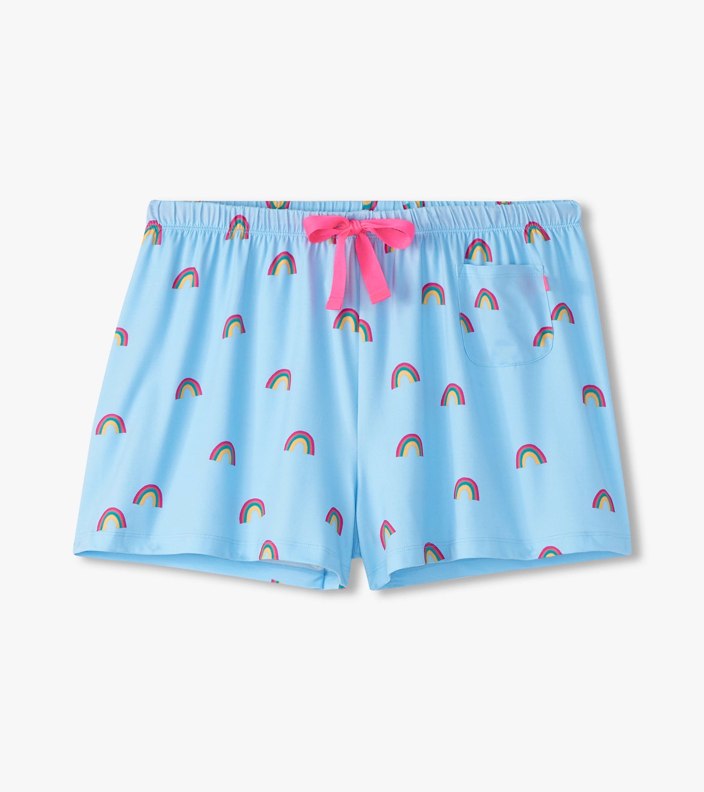 Light blue pajama shorts featuring a rainbow pattern and a pink drawstring, with a back pocket.