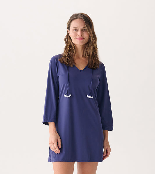 Patriot blue beach dress with a V-neck, long sleeves, and drawstring detail, ideal for seaside wear.