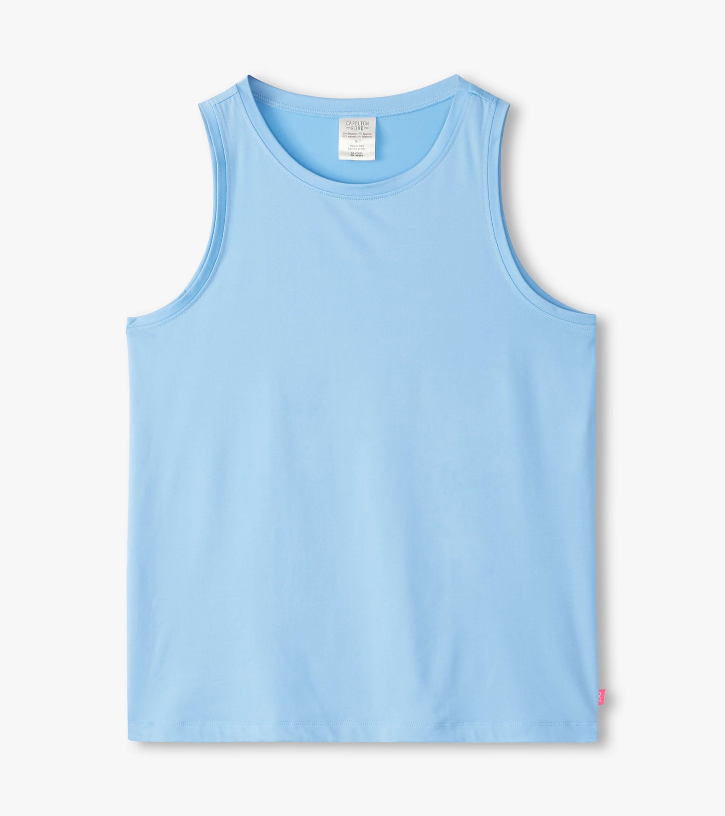 Light blue polyknit scoop neck tank top, sleeveless design, suitable for casual wear.