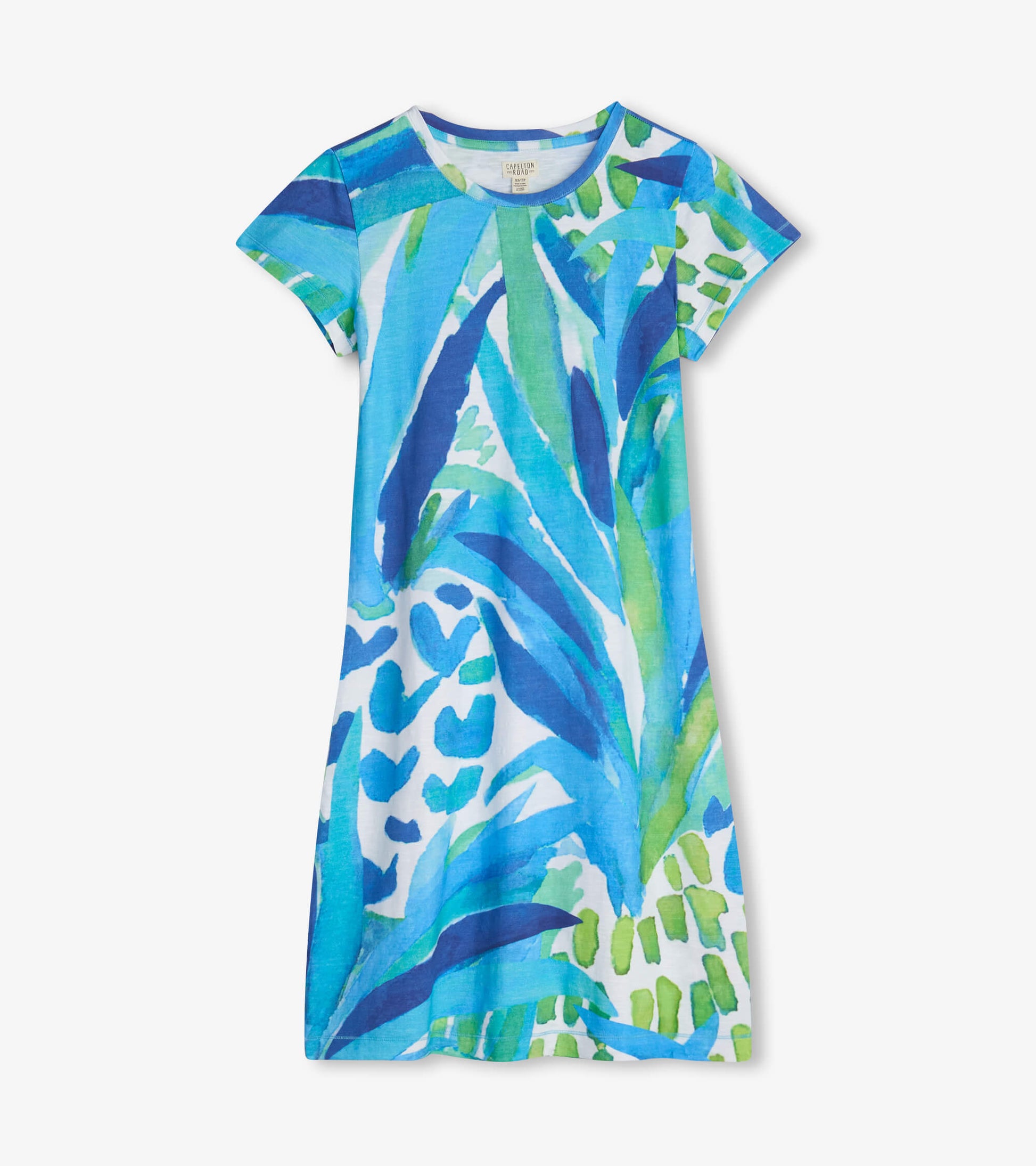 Short-sleeve crew neck dress featuring a vibrant blue and green tropical leaf pattern on a white background.