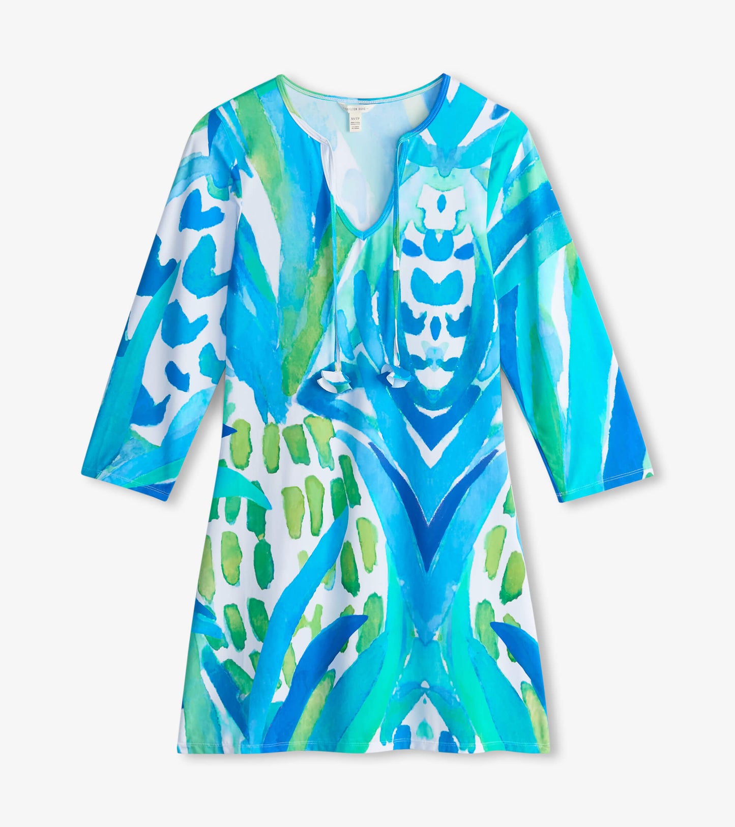 Colorful blue and green patterned beach dress with a scoop neckline and three-quarter sleeves.