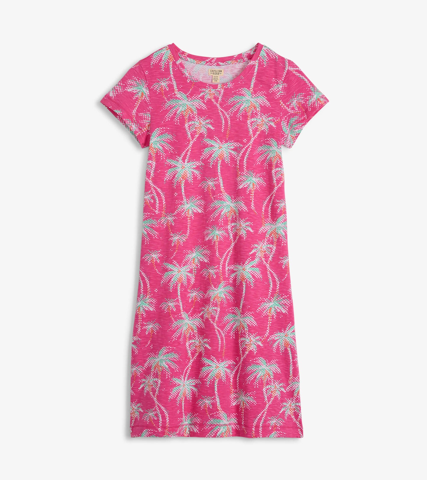Pink crew neck t-shirt dress featuring a palm tree pattern, short sleeves, and a relaxed fit.