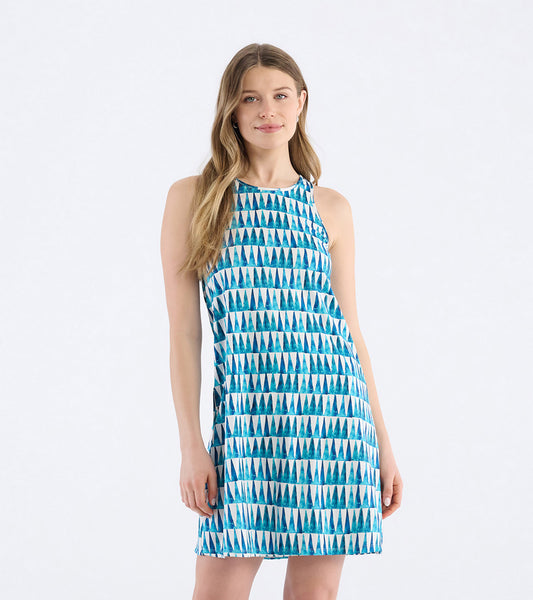 Sleeveless summer dress featuring a blue and white triangle pattern, perfect for warm weather outings.