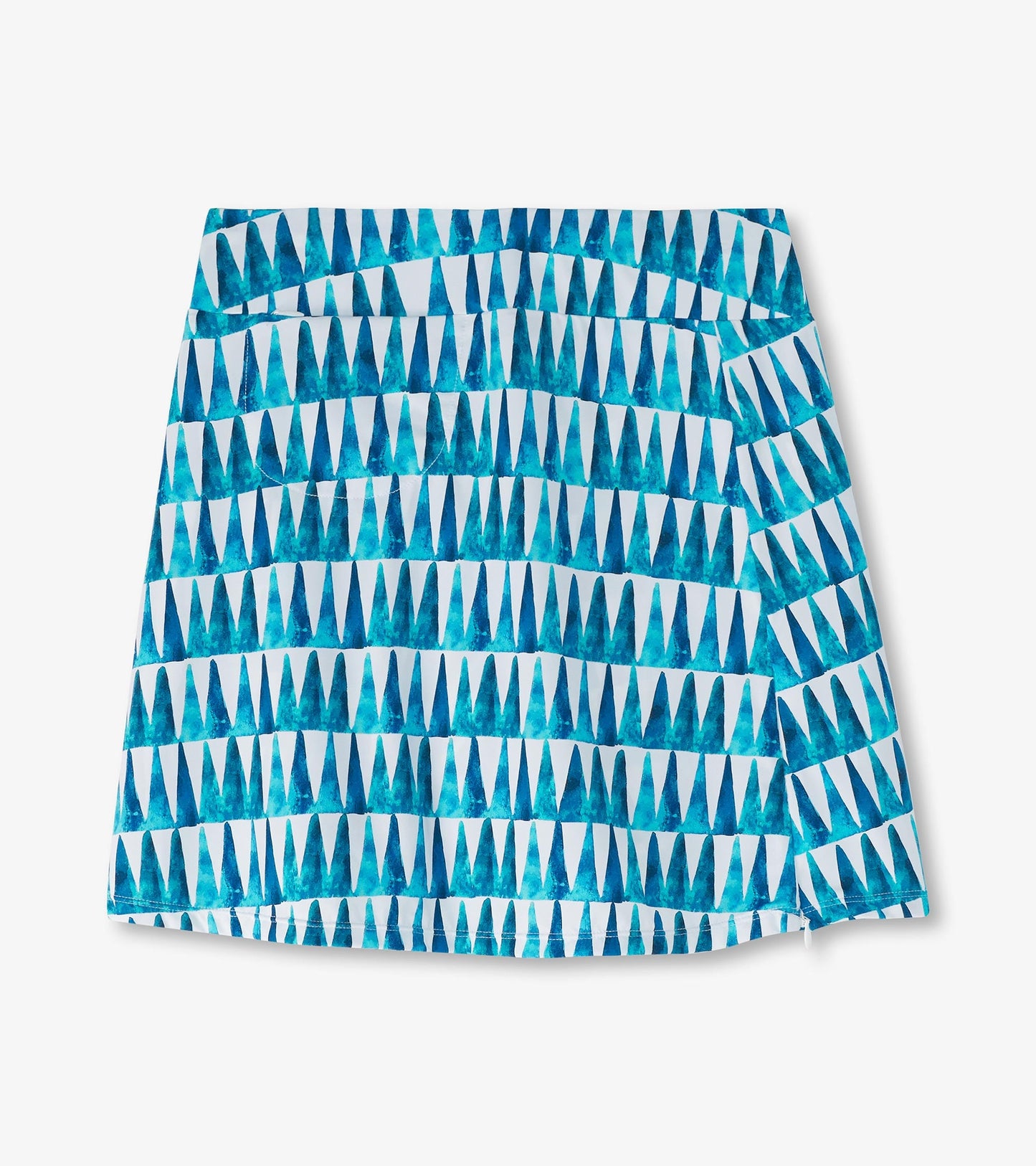 Blue skort featuring a painted triangle pattern in varying shades, suitable for casual wear.